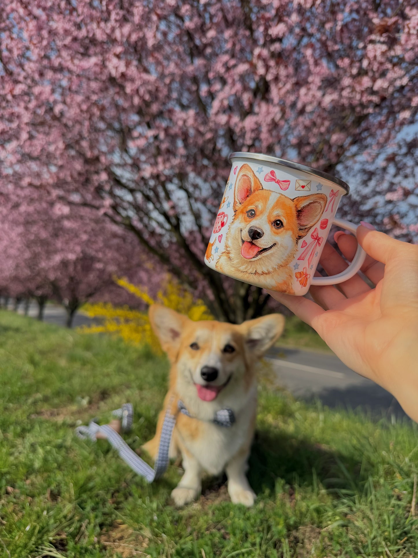Corgi kutyás bögre - Kézzel festett ugró Corgi minta és süti mintákkal