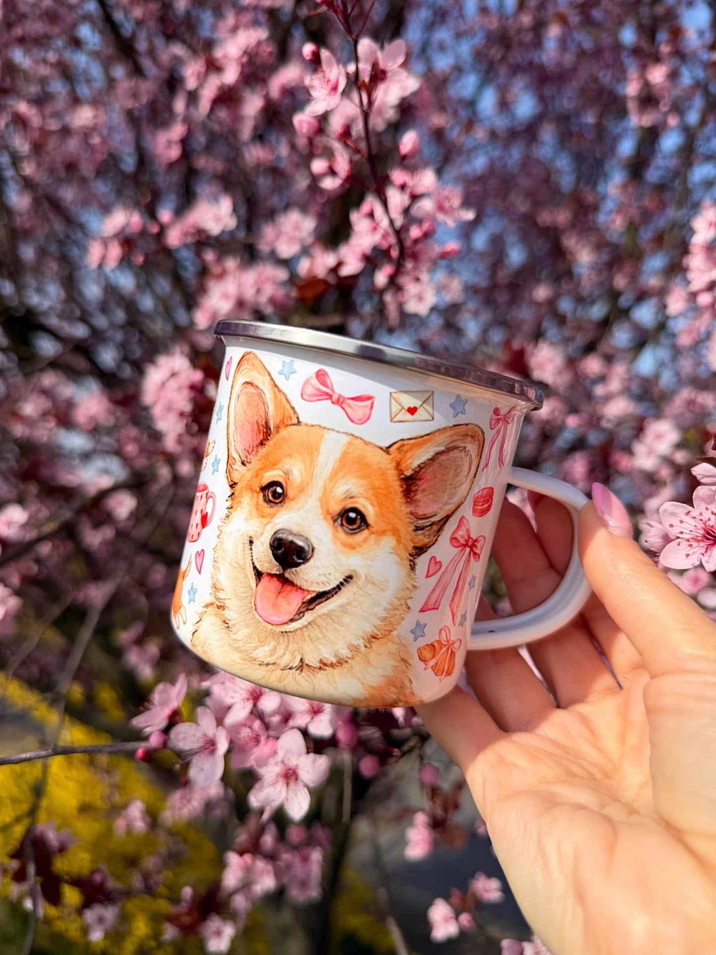 Corgi kutyás bögre - Kézzel festett ugró Corgi mintákkal