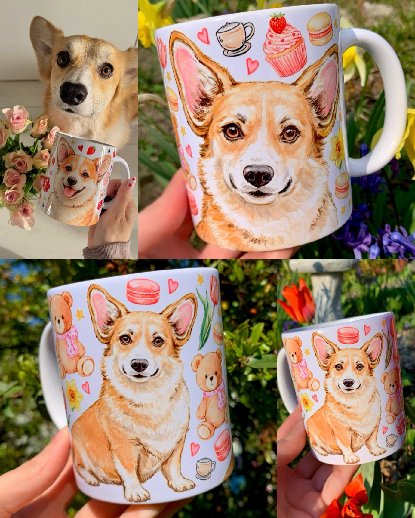 Corgi kutyás bögre - Kézzel rajzolt Corgi minta és Macis virágos minták