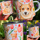 Corgi kutyás bögre - Kézzel festett Corgi kutya Maci süti és virág mintákkal