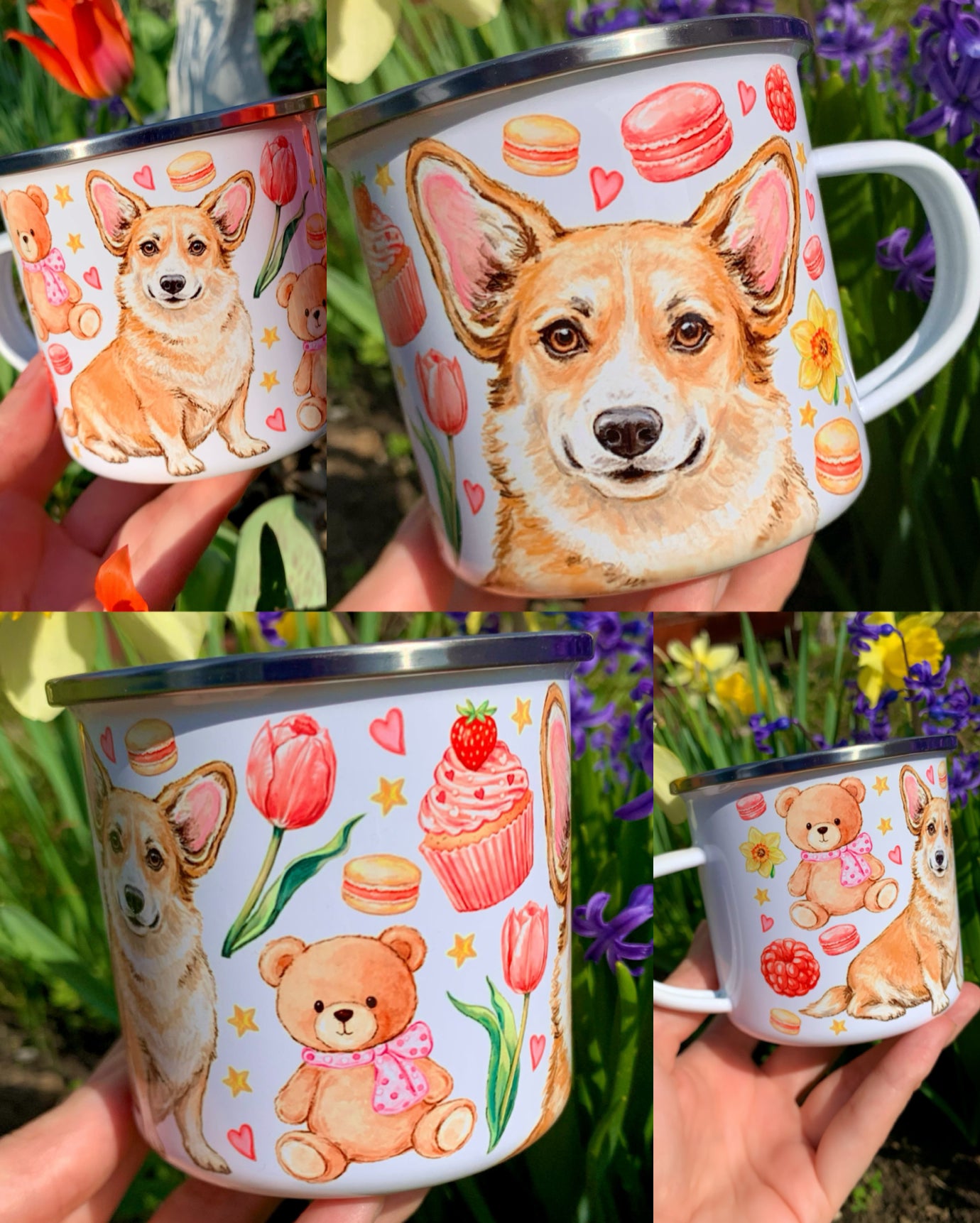 Corgi kutyás bögre - Kézzel festett Corgi kutya Maci süti és virág mintákkal