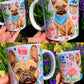 Francia bulldog bögre - Kézzel festett Francia bulldog mintával és virágokkal