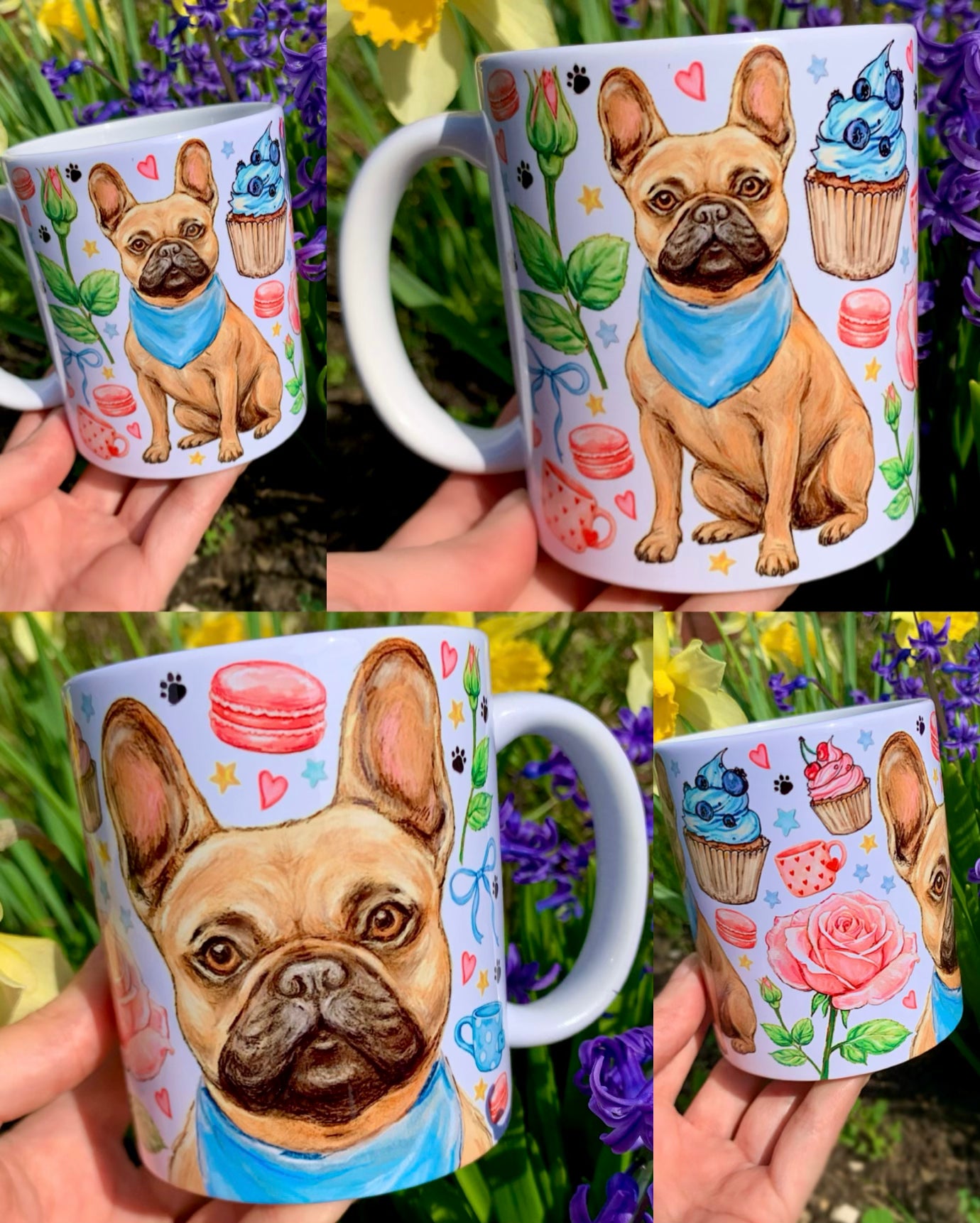 Francia bulldog bögre - Kézzel festett Francia bulldog mintával és virágokkal