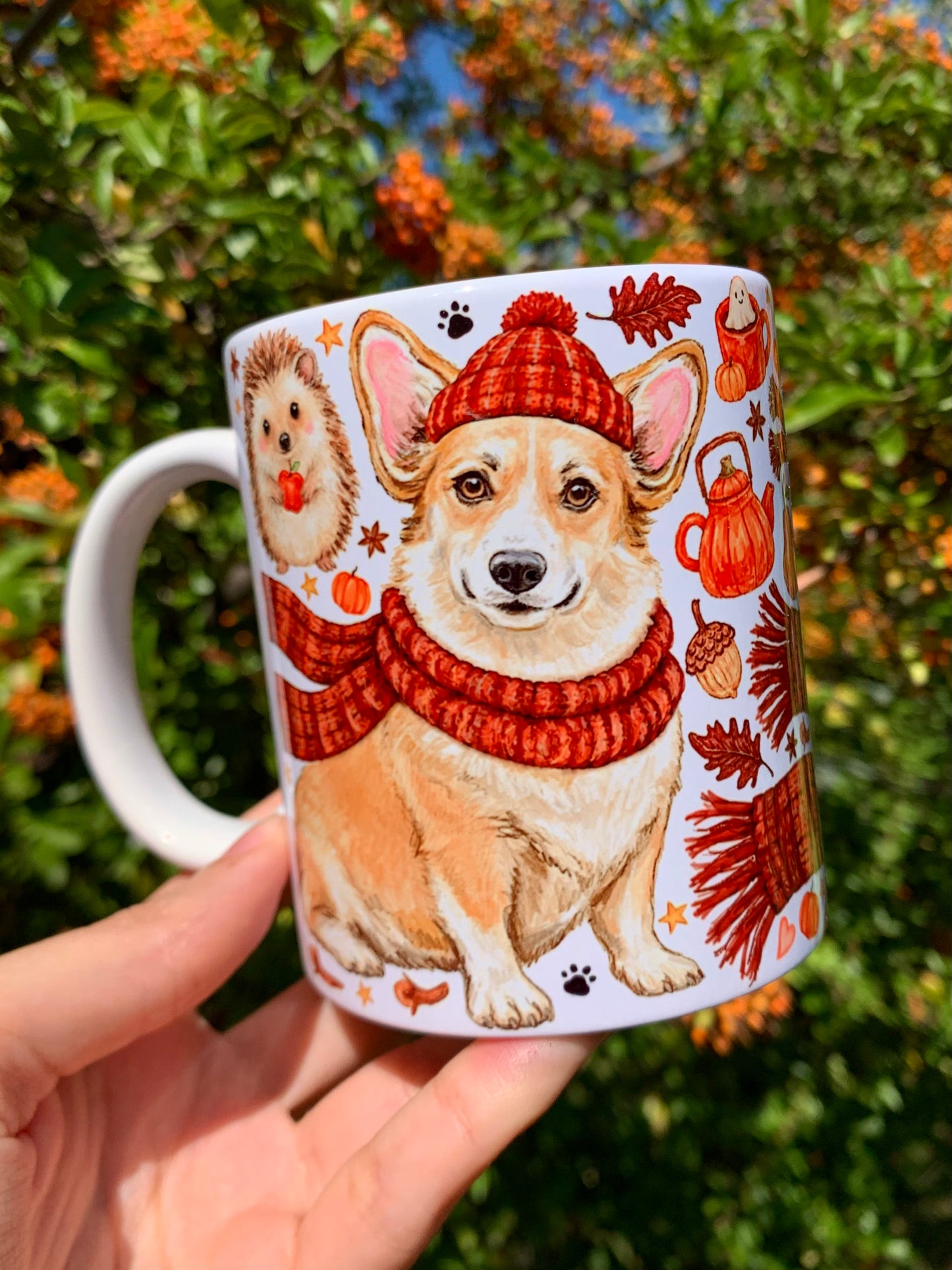 Corgi kutyás bögre - Őszi sálas Corgi mintával és süni mintával