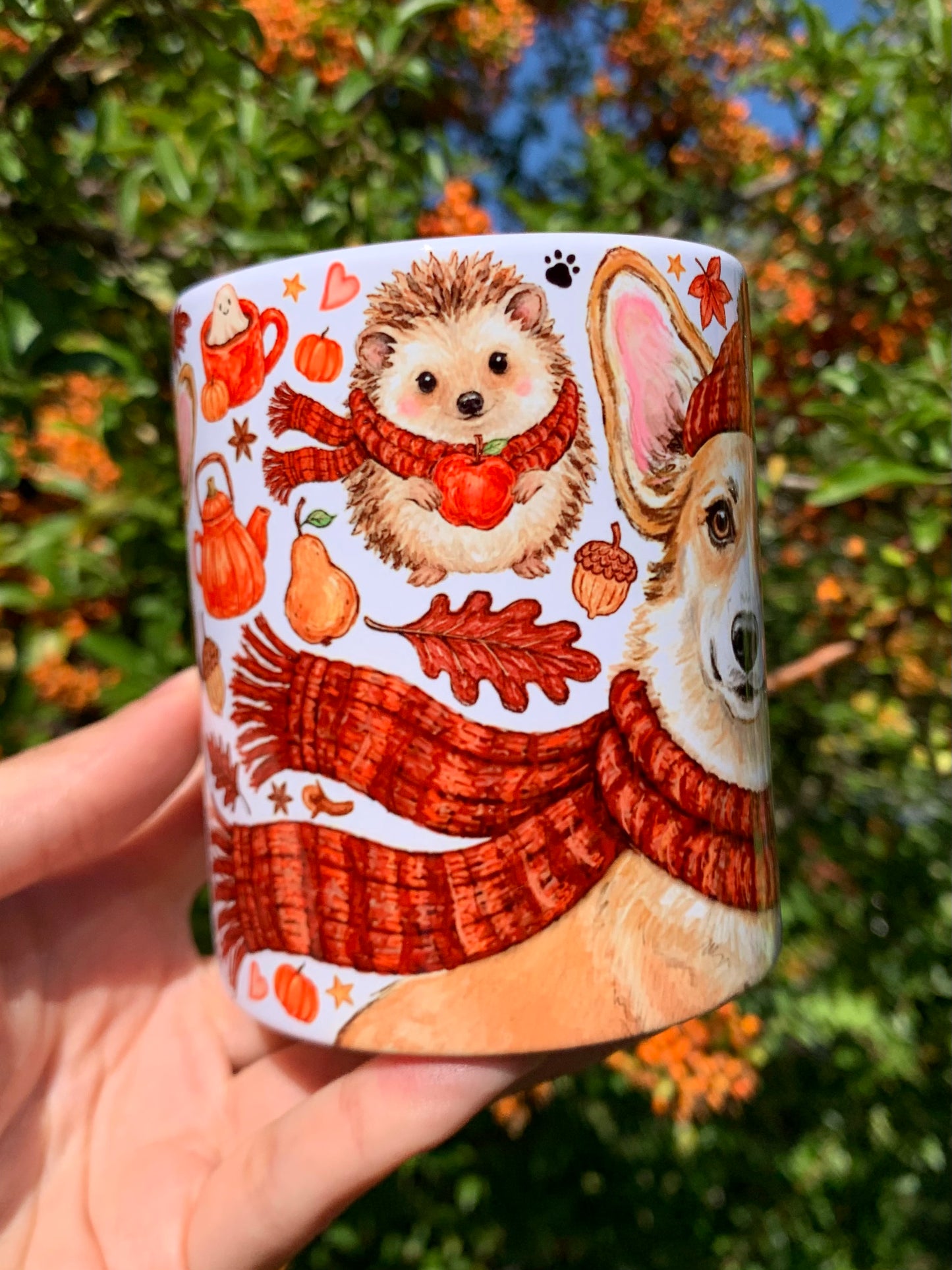 Corgi kutyás bögre - Őszi sálas Corgi mintával és süni mintával