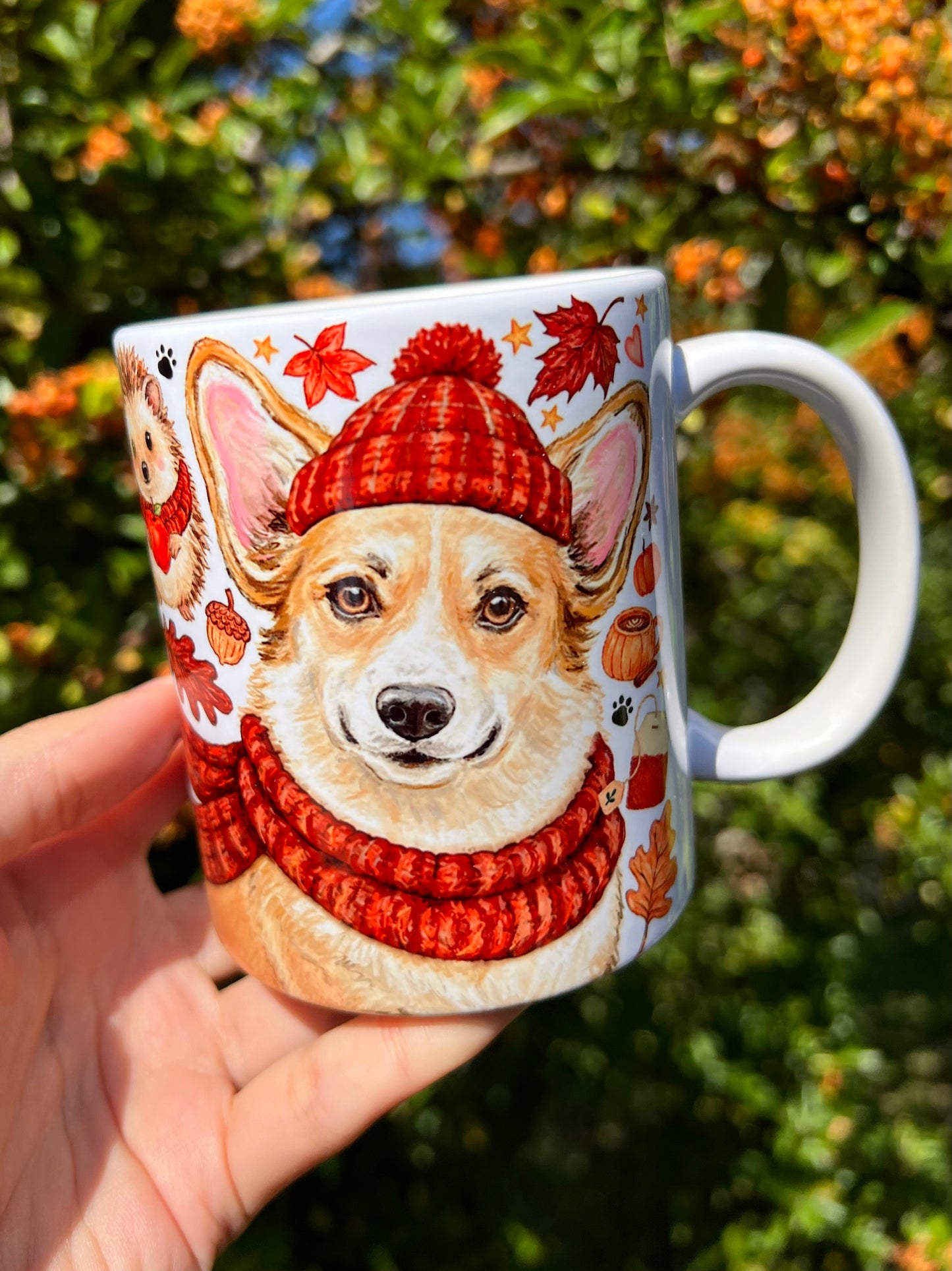 Corgi kutyás bögre - Őszi sálas Corgi mintával és süni mintával