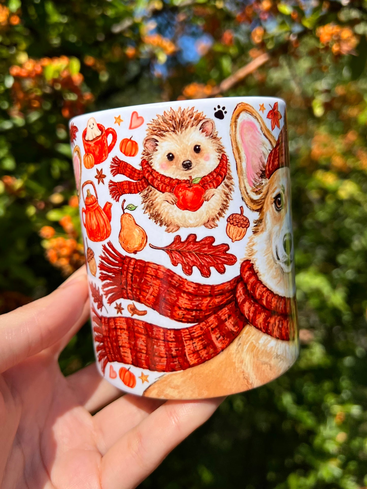 Corgi kutyás bögre - Őszi sálas Corgi mintával és süni mintával