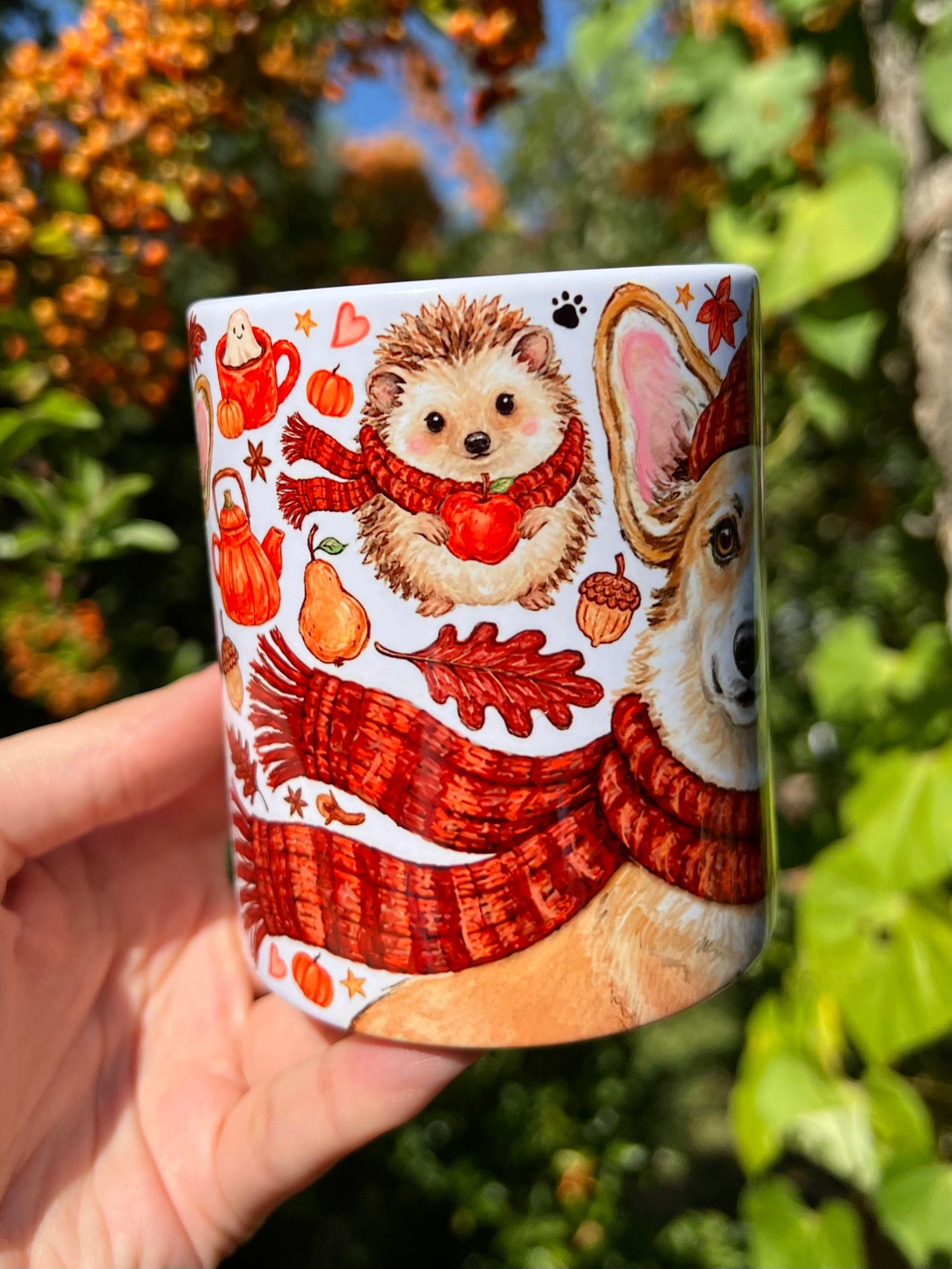 Corgi kutyás bögre - Őszi sálas Corgi mintával és süni mintával