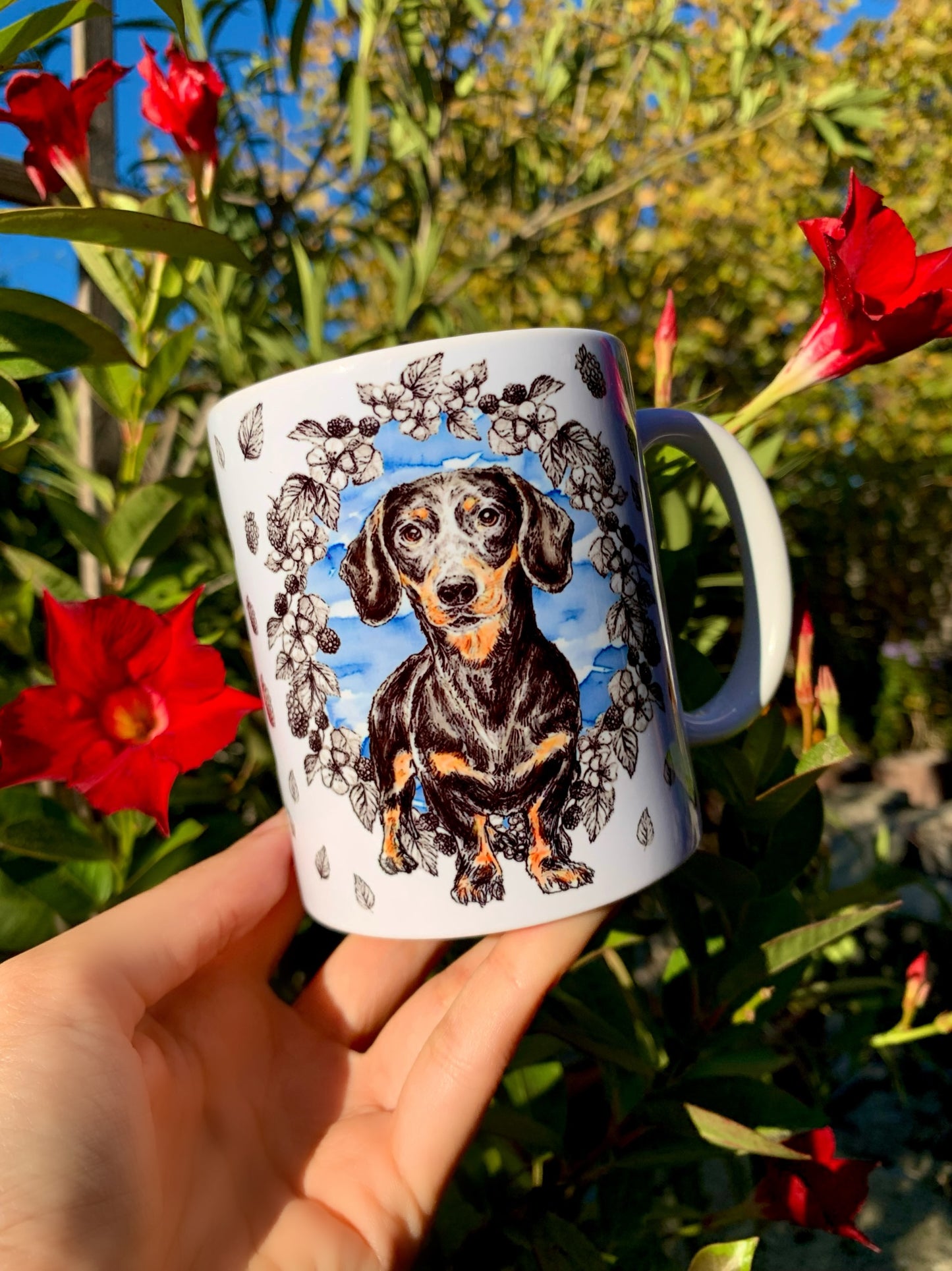 Black and Tan Dachshund mug - Cser Tacskó bögre - Gyümölcsös háttér