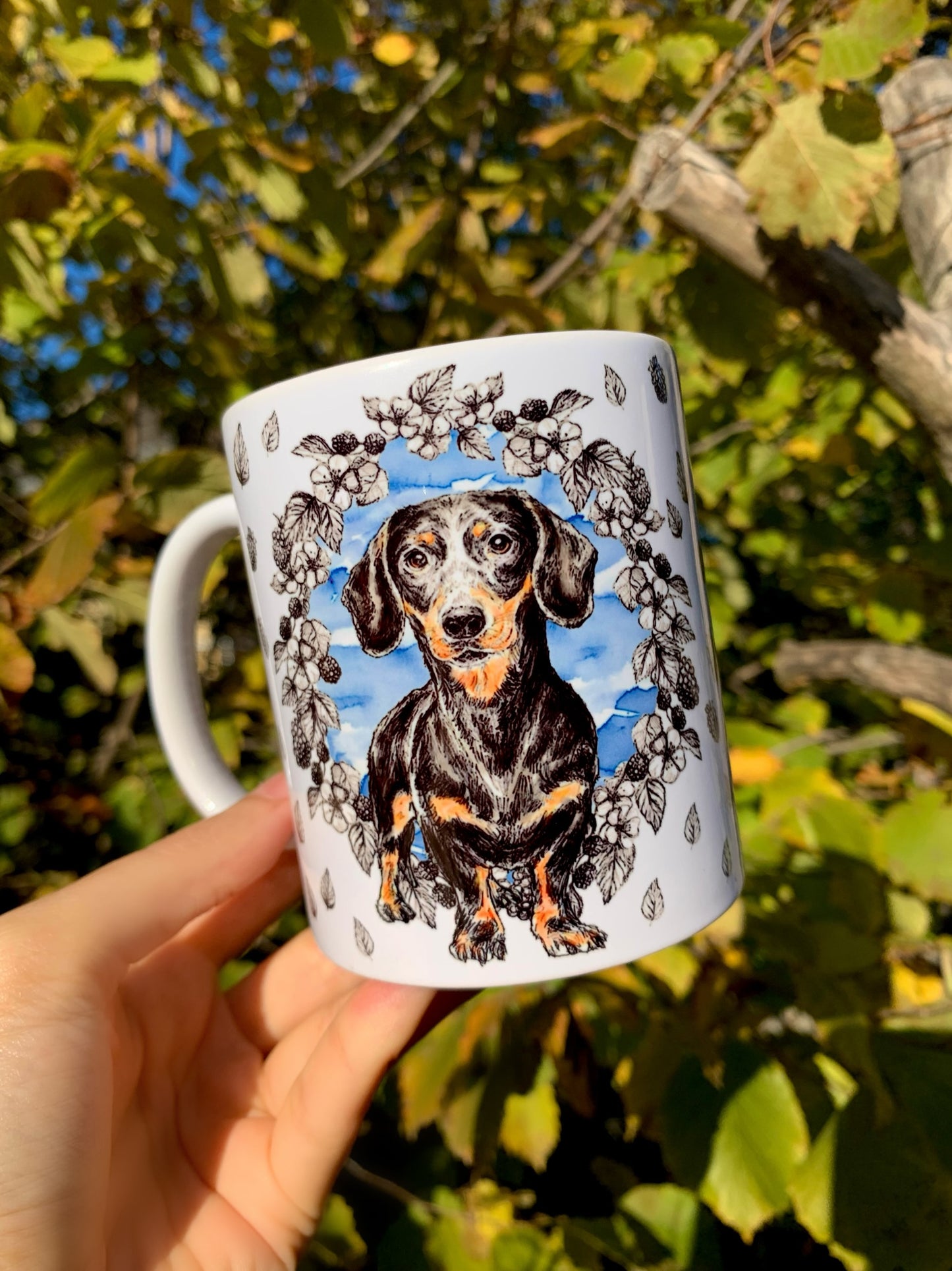 Black and Tan Dachshund mug - Cser Tacskó bögre - Gyümölcsös háttér