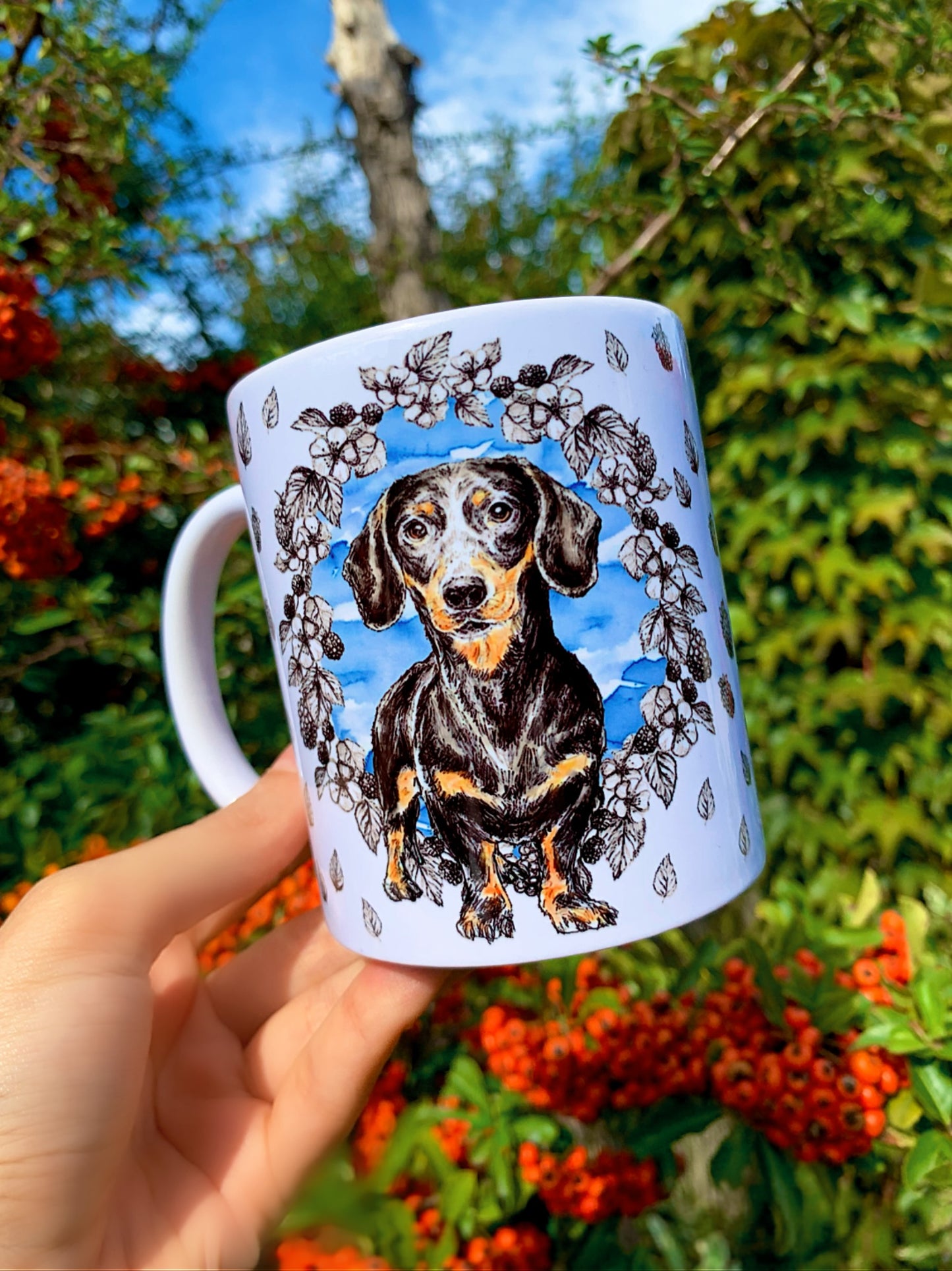 Black and Tan Dachshund mug - Cser Tacskó bögre - Gyümölcsös háttér