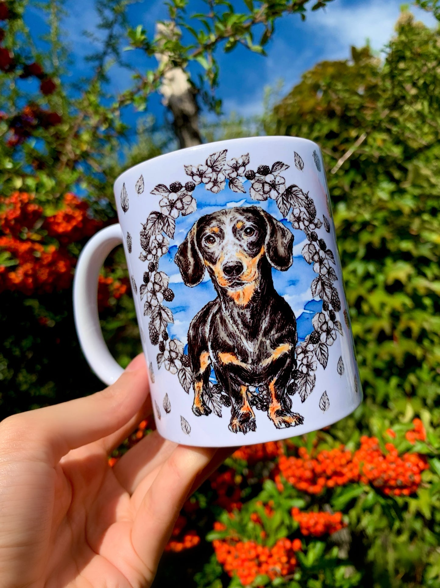 Black and Tan Dachshund mug - Cser Tacskó bögre - Gyümölcsös háttér