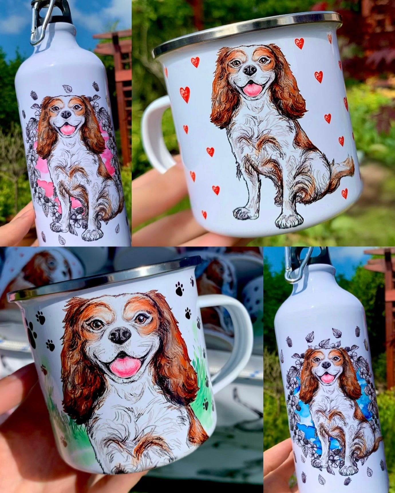 Cavalier spániel és mancs mintás bögre és kollekció – kézzel festett mintás bögrék, kulacsok, vászontáskák gazdiknak