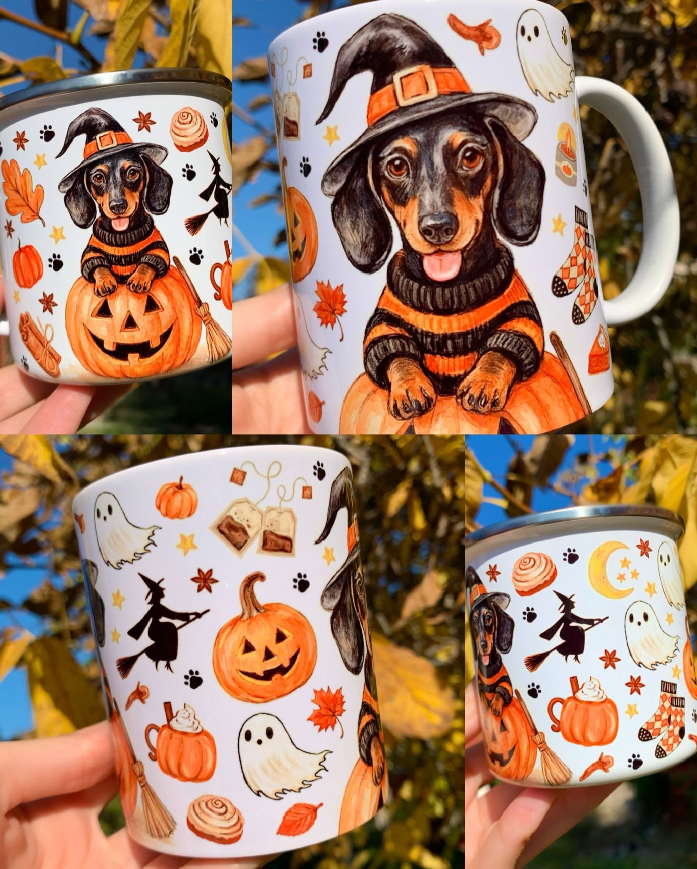 Kézzel festett és rajzolt halloweeni tacskós bögre, különleges akvarell stílusban, cser tacskó mintával és boszorkányos sütőtök mintákkal, prémium minőségű ajándék kutyabarátoknak.