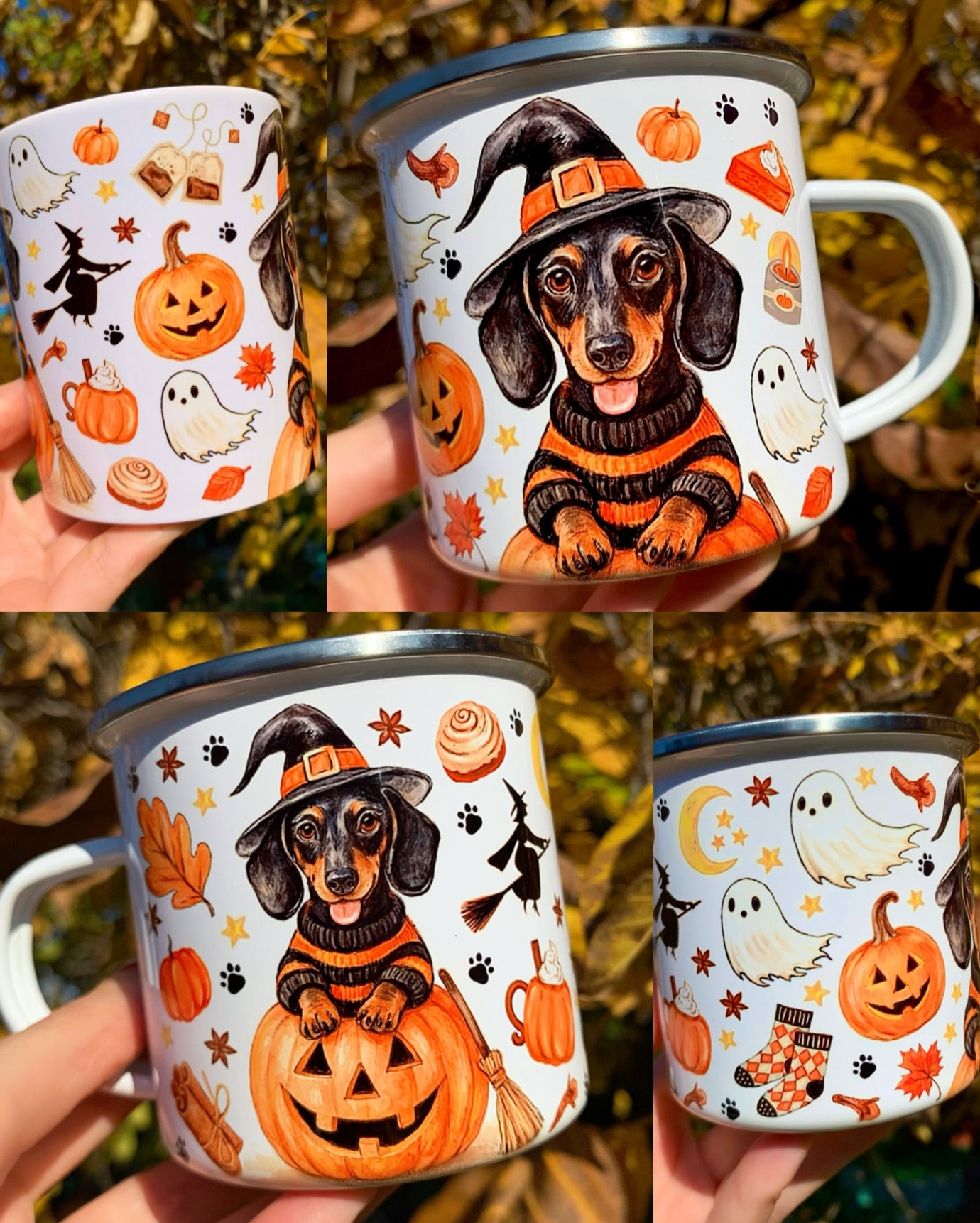 Halloweeni pumpkin-tacsis bögre akvarelles grafikával. Tökök, boszis elemek és szellemek teszik különlegessé az őszi mintát.