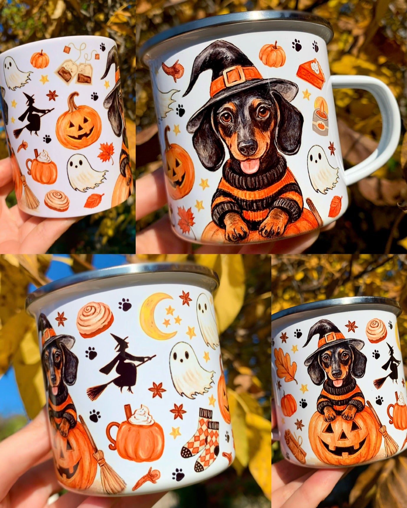 Prémium Halloweeni Tacskós fém bögre kézzel rajzolt pumpkin-tacsis mintával, boszis és szellem dekorokkal. A kedves tacskó akvarelles őszi hangulatban jelenik meg narancs tökök, őszi levelek, fahéjas csigák és aranyos szellemek között. Tökéletes halloweeni kutyás ajándék.