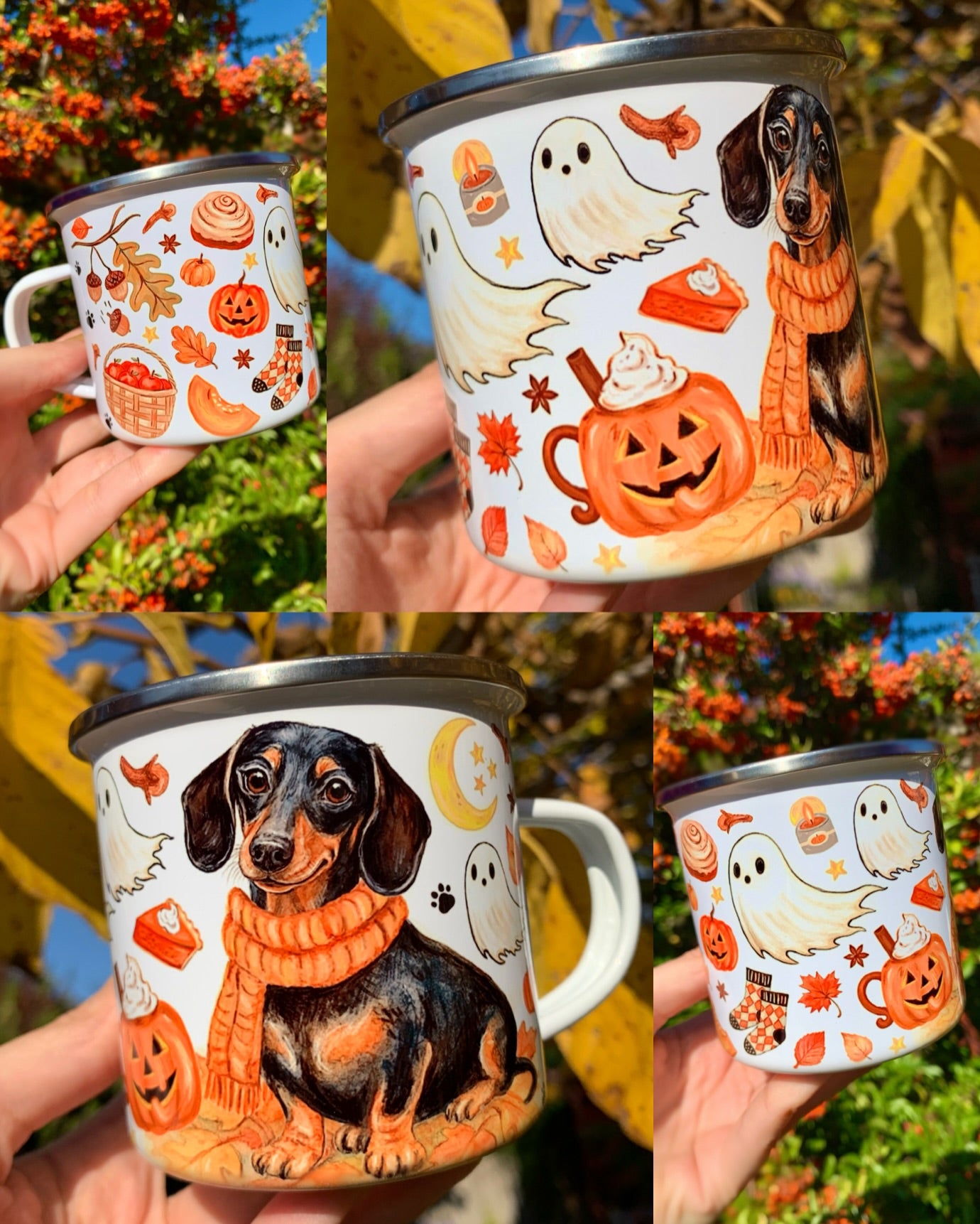 Ez a kézzel festett Halloweeni Tacskós fém bögre igazi őszi kedvenc: részletgazdag tacskó portréval, sálas kutyával és boszorkányos tökös mintákkal. Prémium minőségű, tartós kivitel. 🎃✨