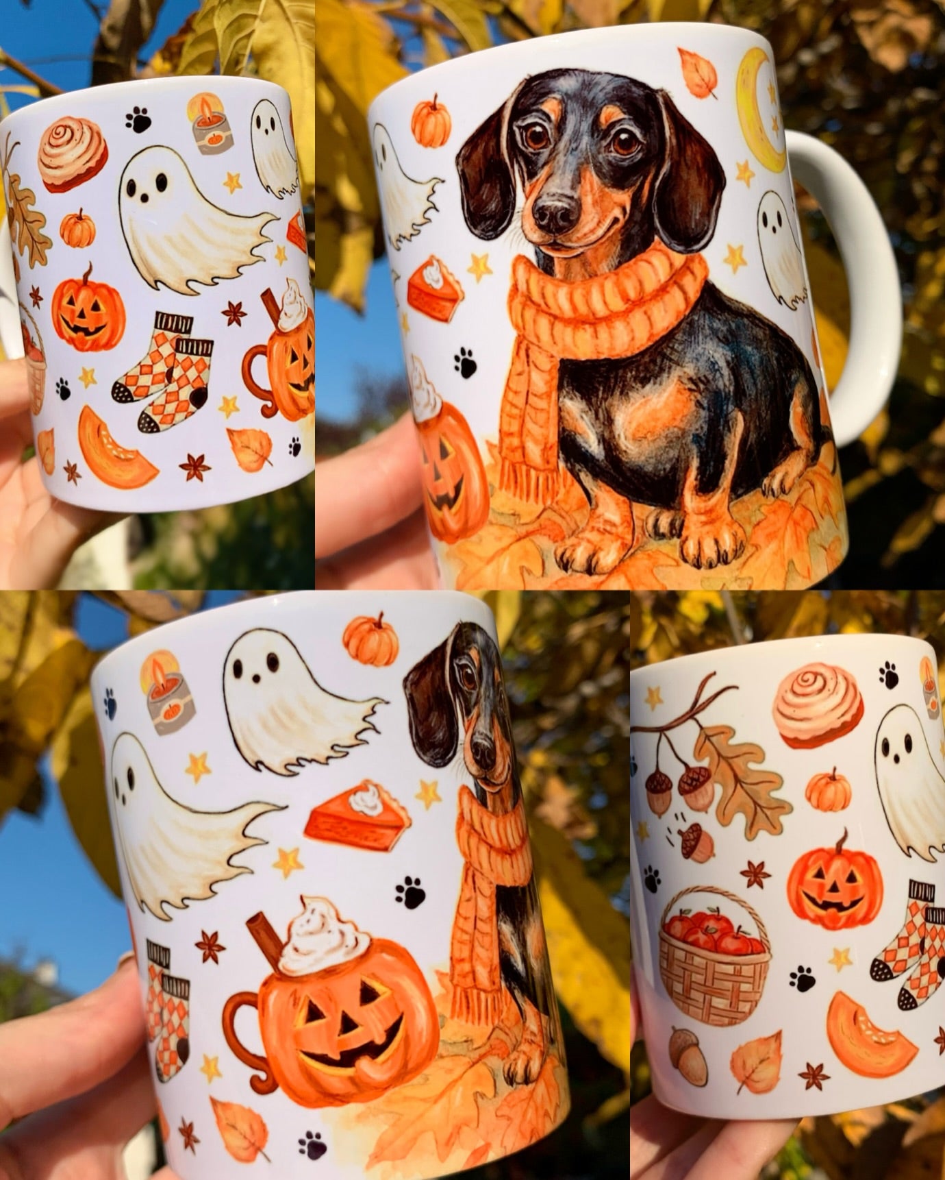 Különleges, Halloweeni tacskós bögre. Prémium tacskós kézzel rajzolt mintákkal és őszi pumpkin spice latte és szellemes mintákkal – ideális Halloween ajándék tacskó gazdiknak és kutyabarátoknak, akik szeretik a meleg őszi hangulatot.