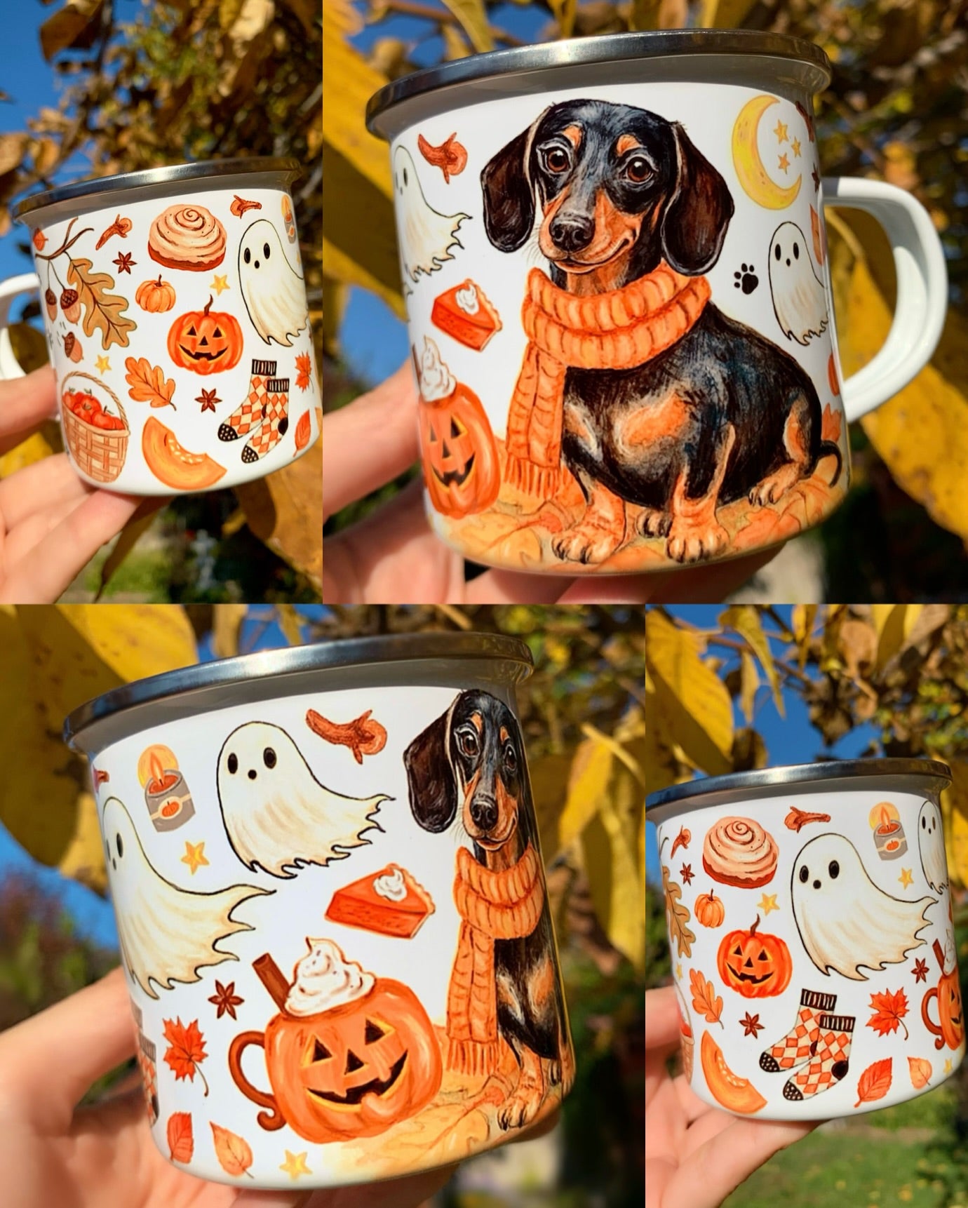 Egyedi, iparművészeti tacskós bögre, amelyen sárga sálas cser tacskó, pumpkin pie, fahéjas csiga és vidám Halloween motívumok idézik az őszi hangulatot. Tökéletes ajándék kutyás gazdiknak. ☕🍂