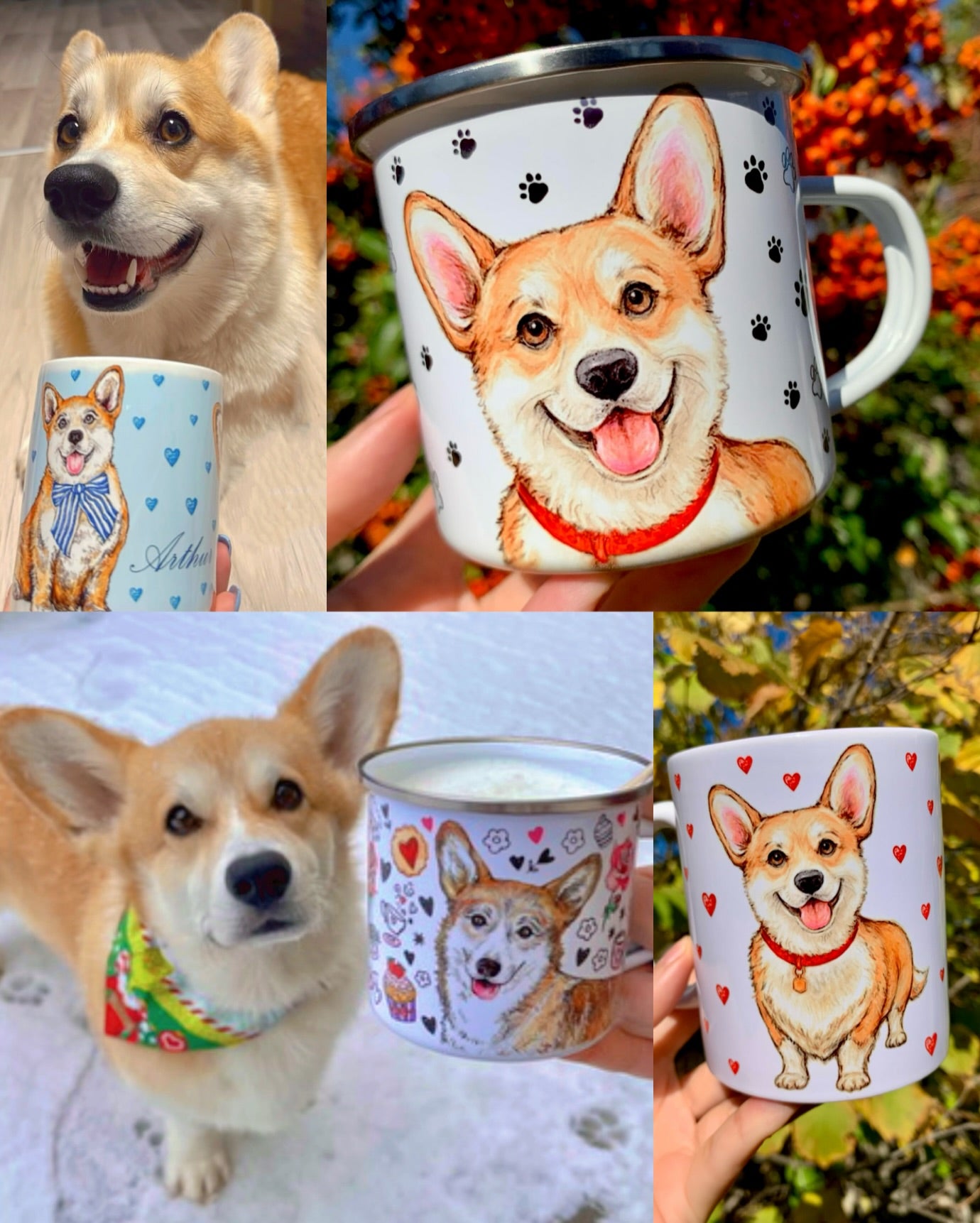 Prémium minőségű kerámia Corgi bögre kétféle kézzel rajzolt kutyamintával: egyik oldalon egy részletgazdag, mosolygó Corgi portré, másikon pedig egy egész alakos, barátságos kutya figura. A kézzel festett szívecskék és az akvarell technika egyedi, meleg hangulatot árasztanak.