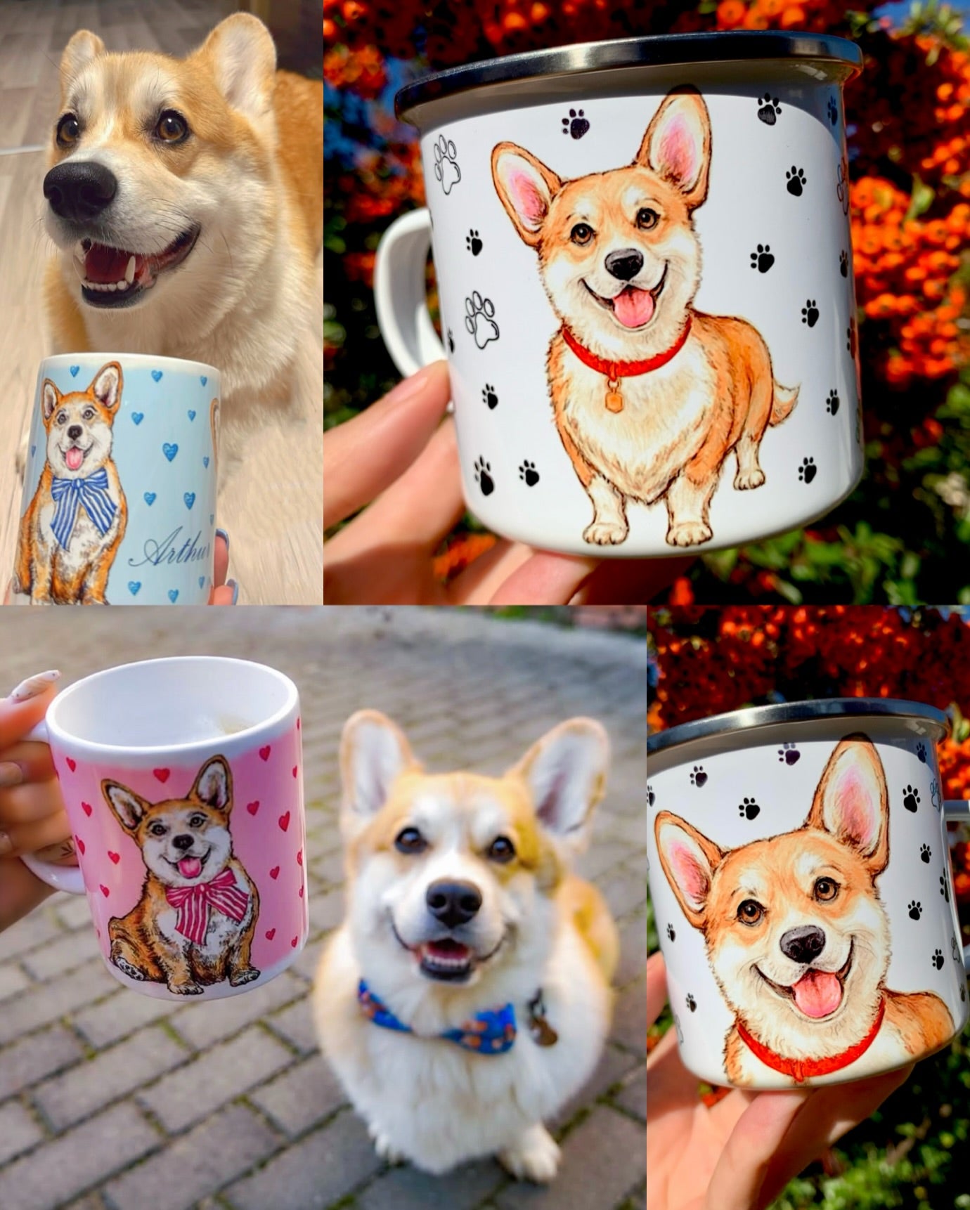 Egyedi Corgi kutyás fém bögre a Juci Pusztai Design műhelyéből – kézzel rajzolt illusztrációval, apró szív és mancs motívumokkal. Az akvarell árnyalatok kiemelik a Corgi kutya bájos tekintetét és mosolygós karakterét, így a bögre igazi kutyás műalkotás.