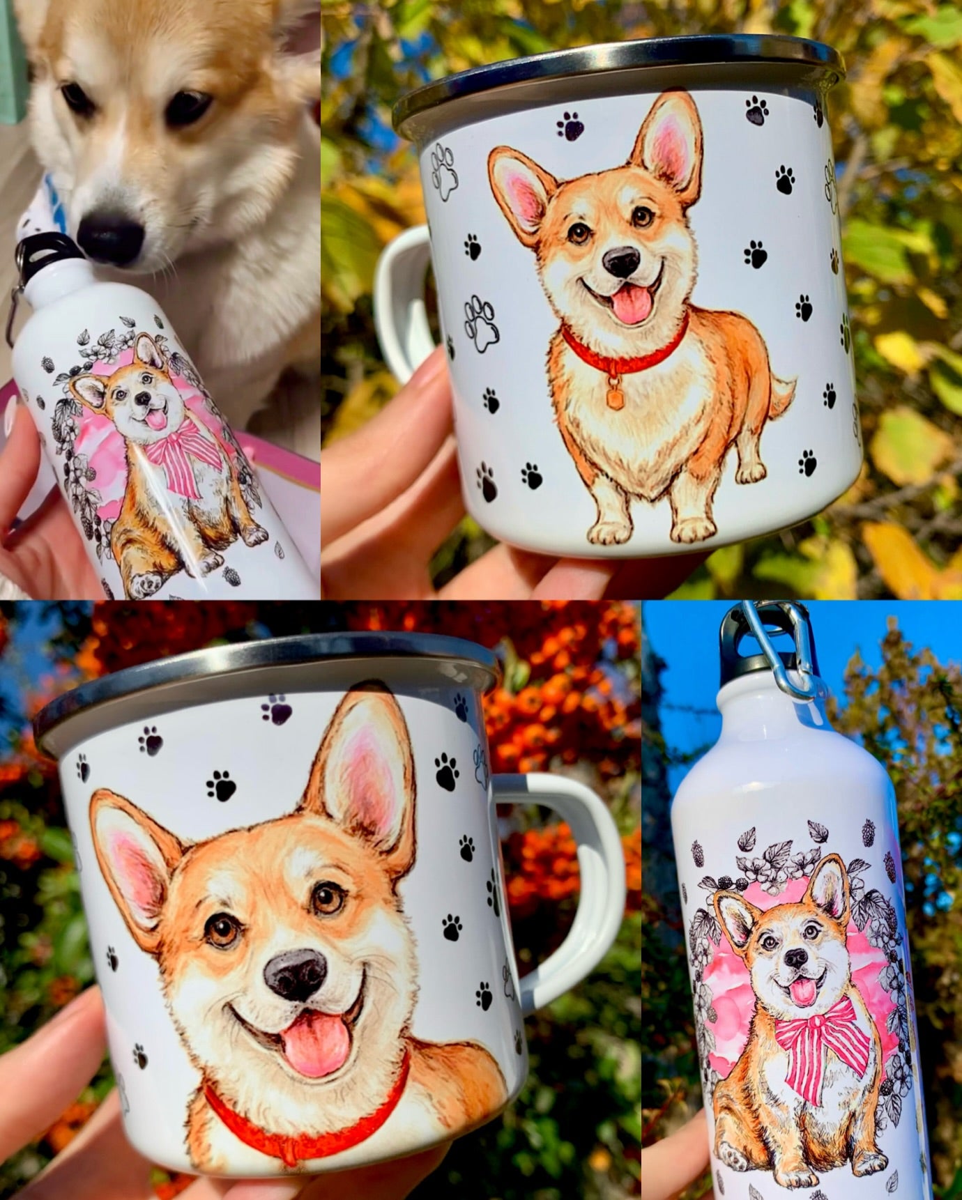 Kézzel festett Corgi illusztráció Pusztai Juci iparművésztől, fém bögrére megálmodva. Az egyik oldalon részletgazdag Corgi fej, a másikon vidáman álló kutya látható. Az apró mancs és szív minták egyedi, szeretetteljes hangulatot adnak a prémium minőségű kutyás ajándéknak.