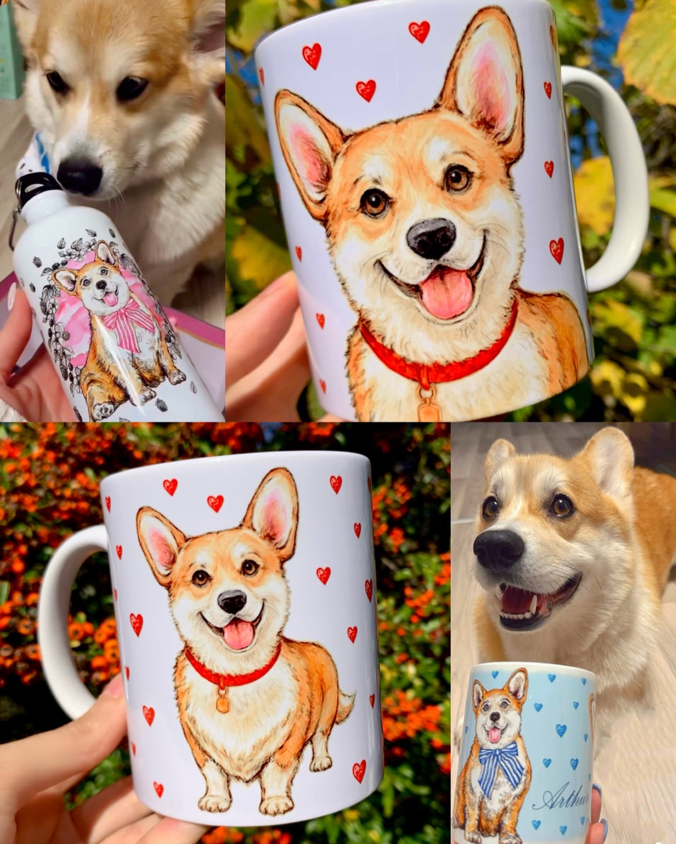 Kézműves Corgi bögre Pusztai Juci iparművésztől: kézzel rajzolt, akvarelles kutyaillusztrációk, szeretettel és precizitással megalkotva. A Corgi fajta mosolygós karaktere és a háttérben megjelenő kézzel festett apró szív motívumok harmóniát és bájt sugároznak.