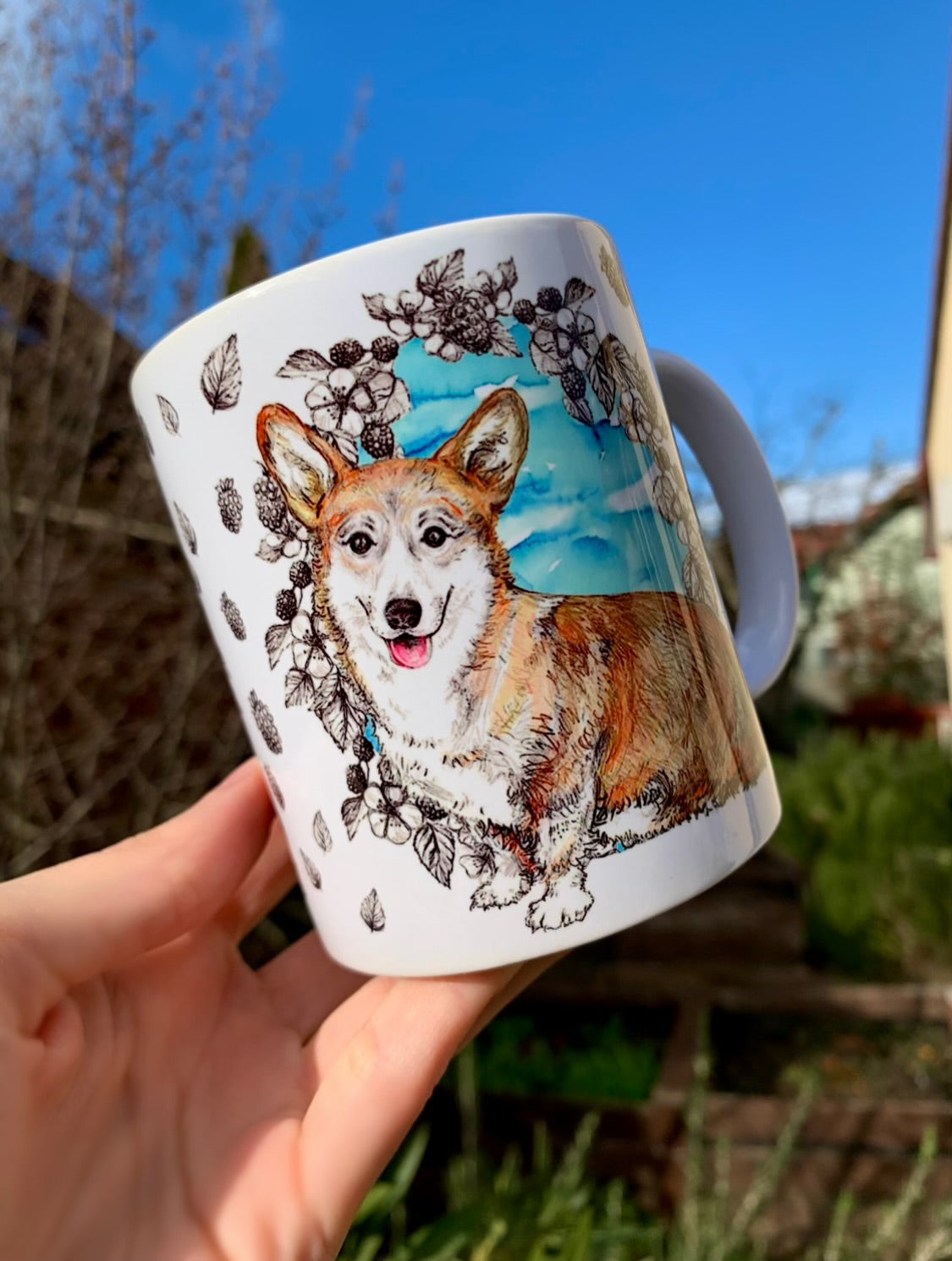 Corgi bögre - kék gyümölcsös mintával - kerámia