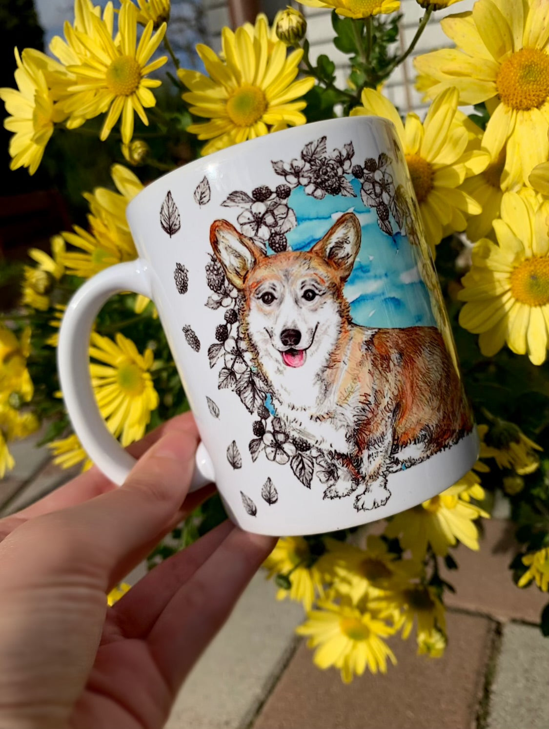 Corgi bögre - kék gyümölcsös mintával - kerámia