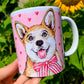 Kerámia bögre kézzel festett Corgi kutya mintákkal és rózsaszín szív mintával, részletgazdag kutyás grafika, Prámium kutyás ajándék
