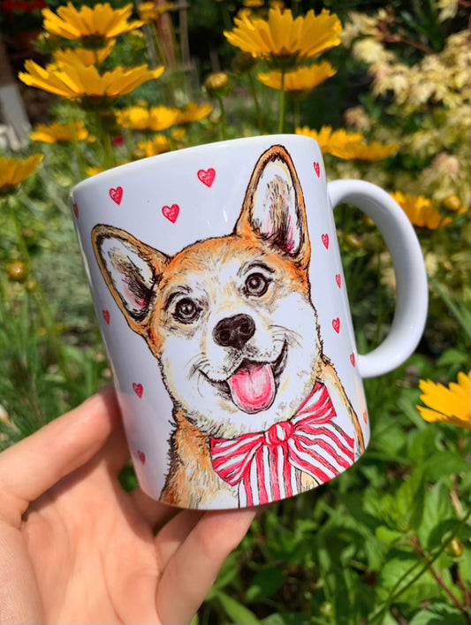 Corgi kutya bögre - 2 féle Corgi kutya és rózsaszín szív mintákkal - fehér háttérrel