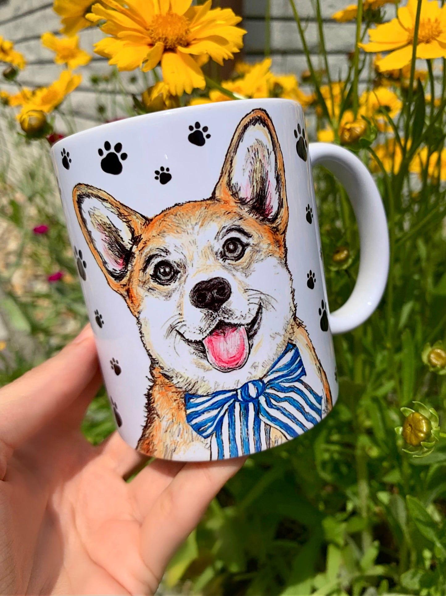 Corgi kutya bögre - Kézzel festett Corgi kutyus és mancsos mintákkal