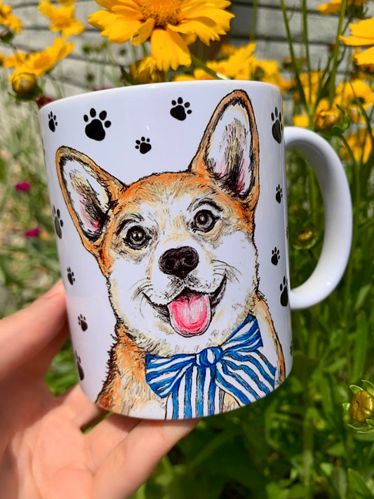 Corgi kutya bögre - Kézzel festett Corgi kutyus és mancsos mintákkal