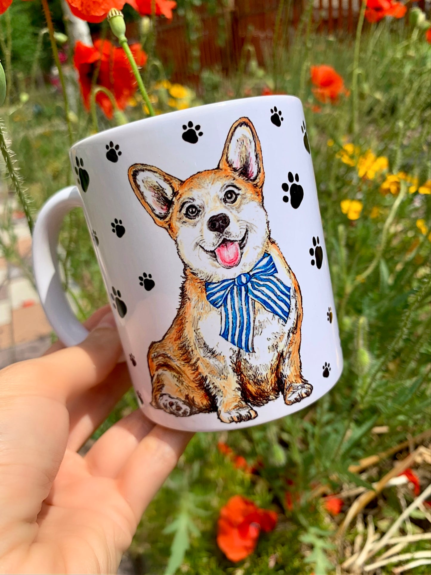 Corgi kutya bögre - Kézzel festett Corgi kutyus és mancsos mintákkal