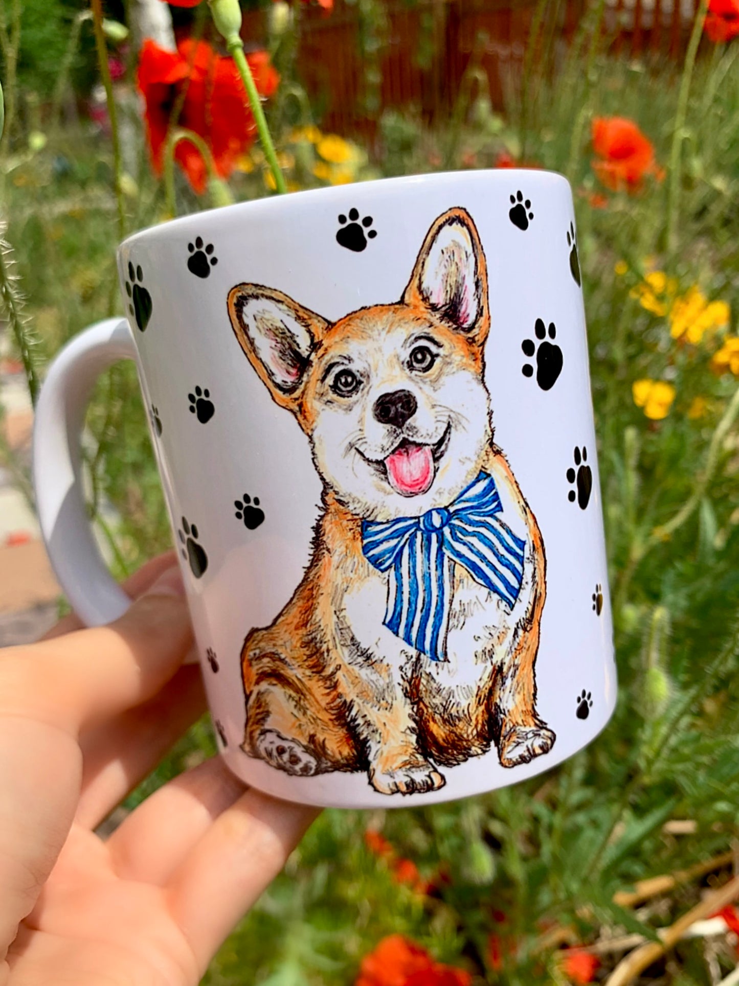 Corgi kutya bögre - Kézzel festett Corgi kutyus és mancsos mintákkal