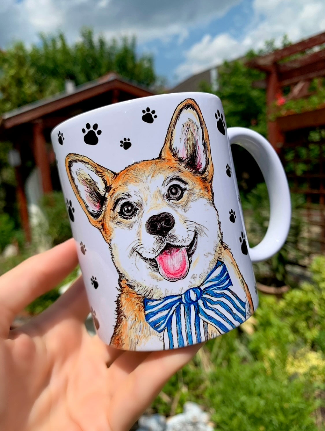 Corgi kutya bögre - Kézzel festett Corgi kutyus és mancsos mintákkal