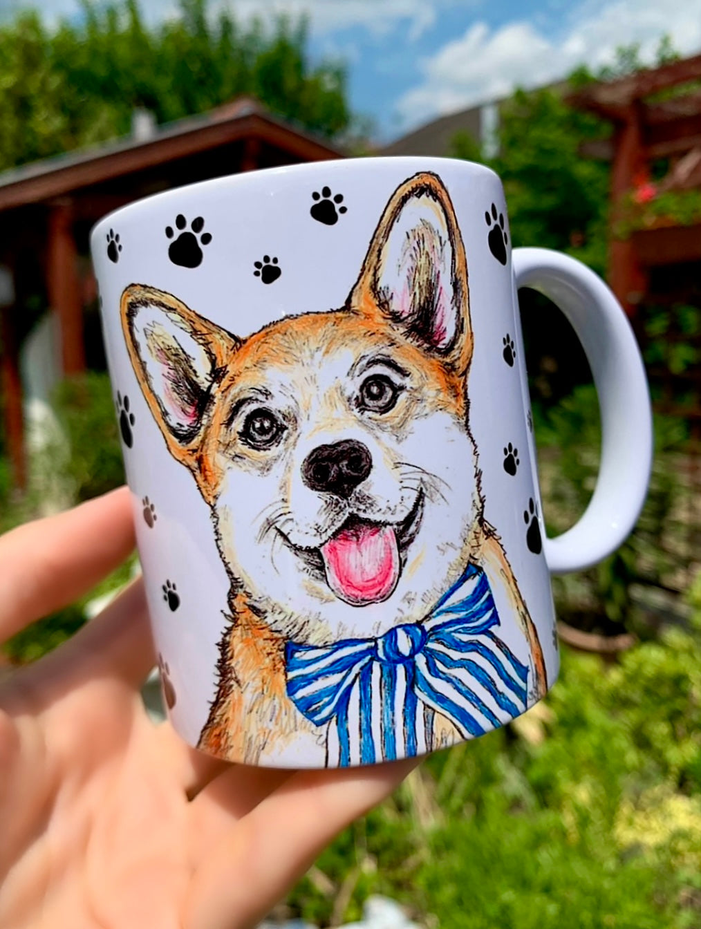 Corgi kutya bögre - Kézzel festett Corgi kutyus és mancsos mintákkal