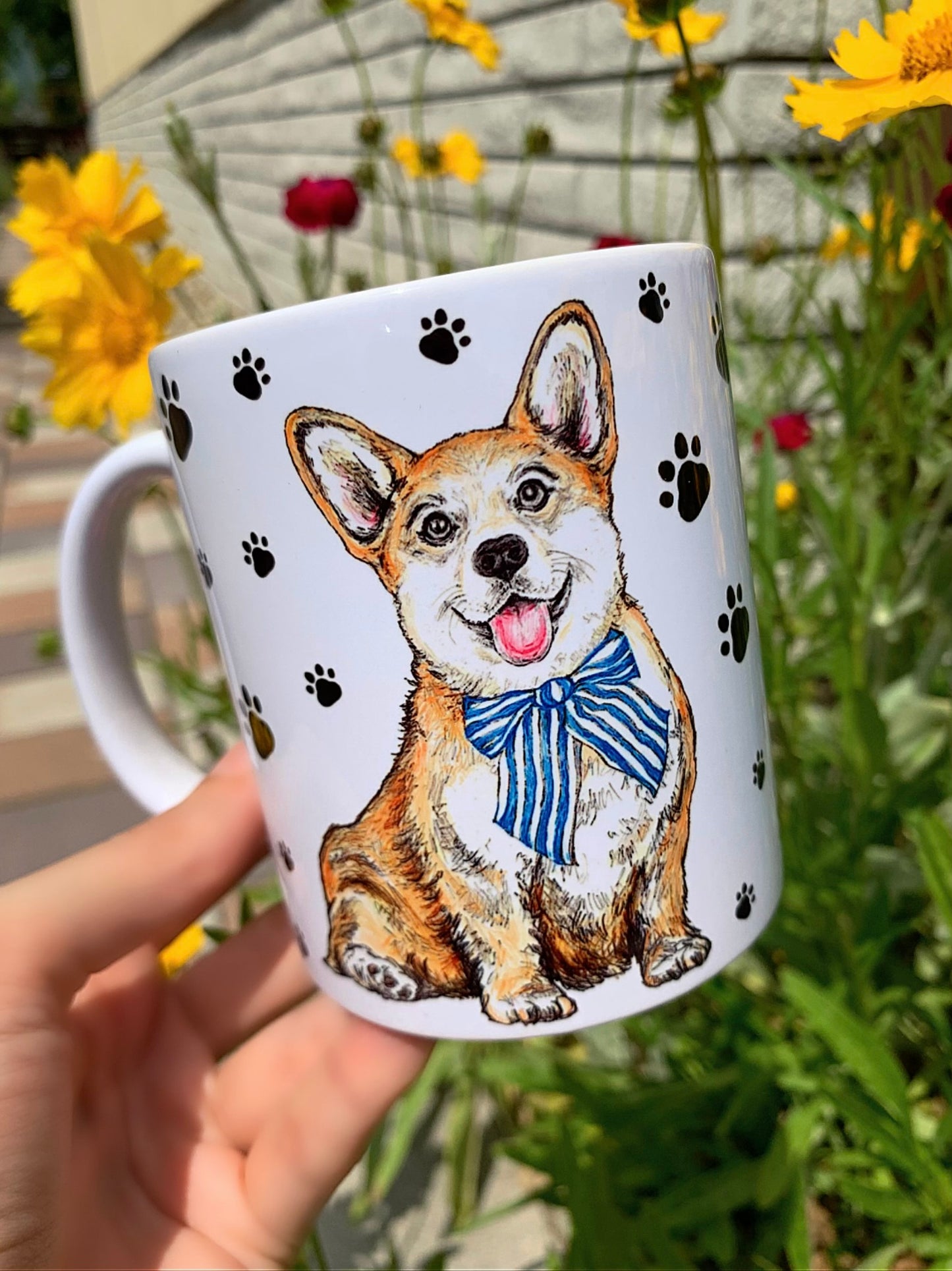 Corgi kutya bögre - Kézzel festett Corgi kutyus és mancsos mintákkal