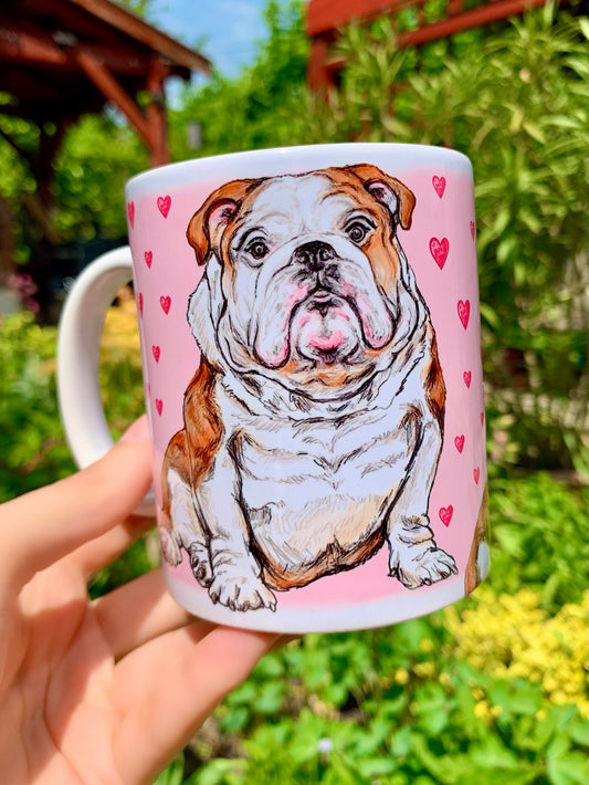 Kerámia bögre kézzel festett angol bulldog grafikával és szíves mintával. kézzel festett kutyás bögre