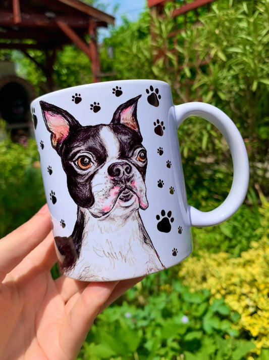 Kézzel festett Boston terrier kerámia bögre mancsos háttérrel