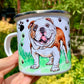 Kutyás fém bögre angol bulldog portréval és mancsnyomos díszítéssel