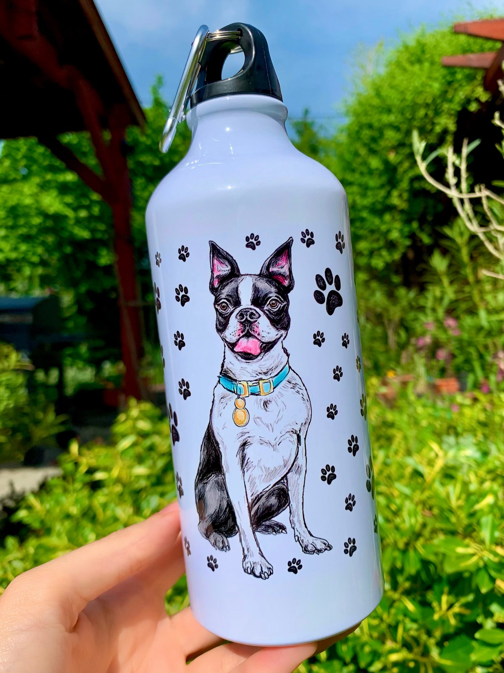 Ülő Boston terrier kulacs apró mancsos háttérrel – kézzel festett dizájn