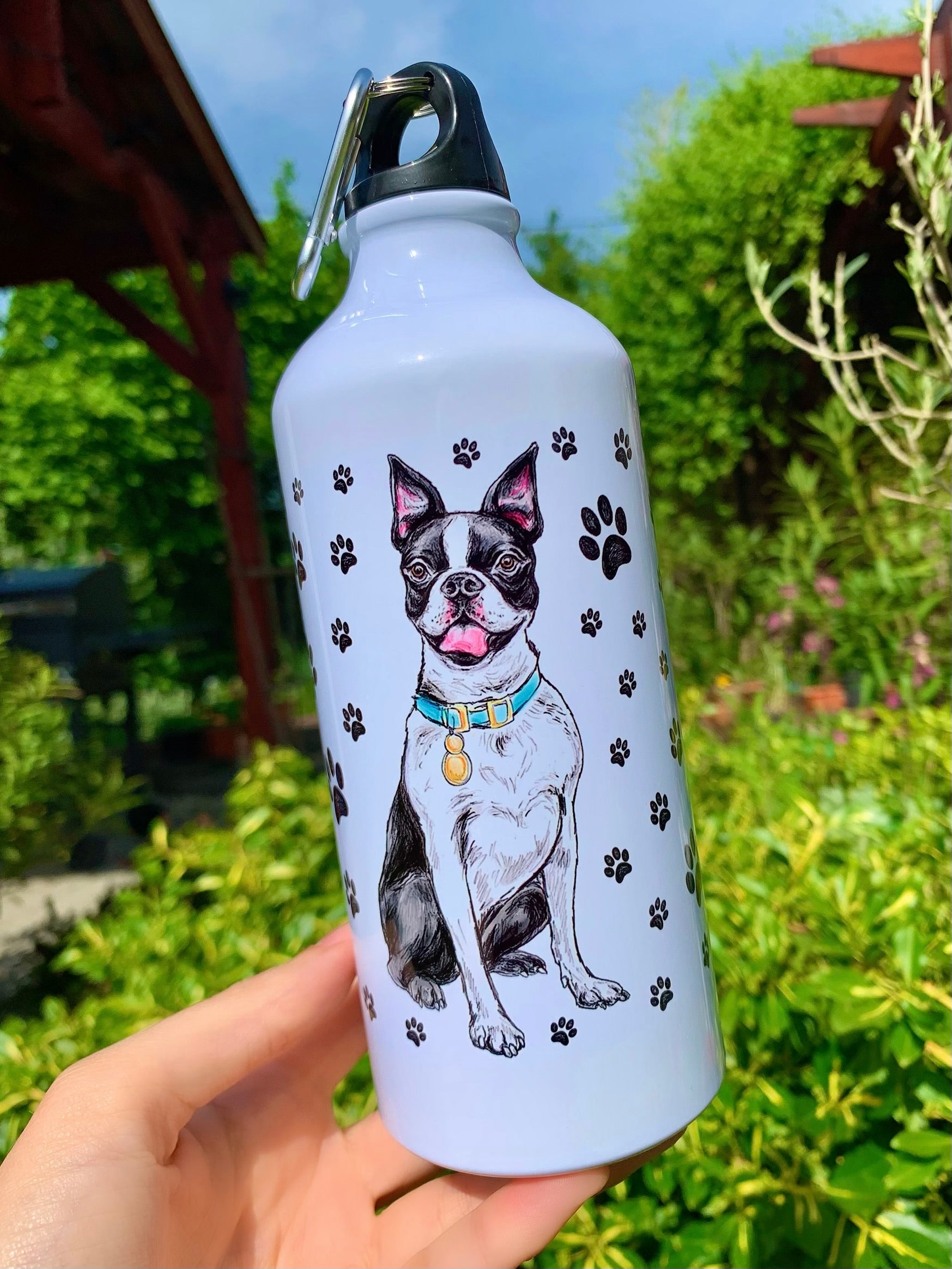 Boston terrier kulacs kék nyakörves kutyával és apró mancsnyomokkal