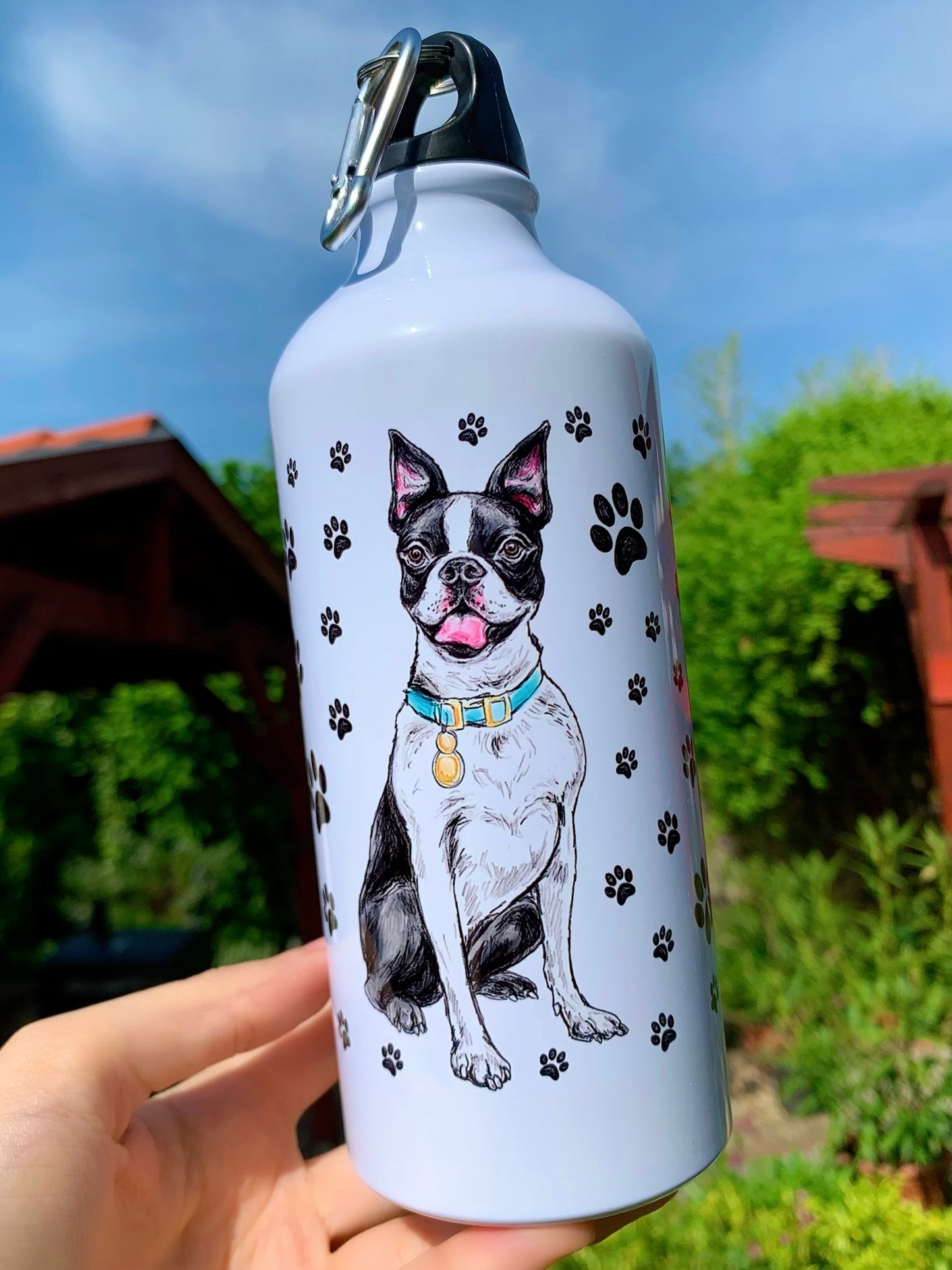 Boston terrier Kulacs – Kézzel festett ülő Boston kutya színes nyakörves mintával