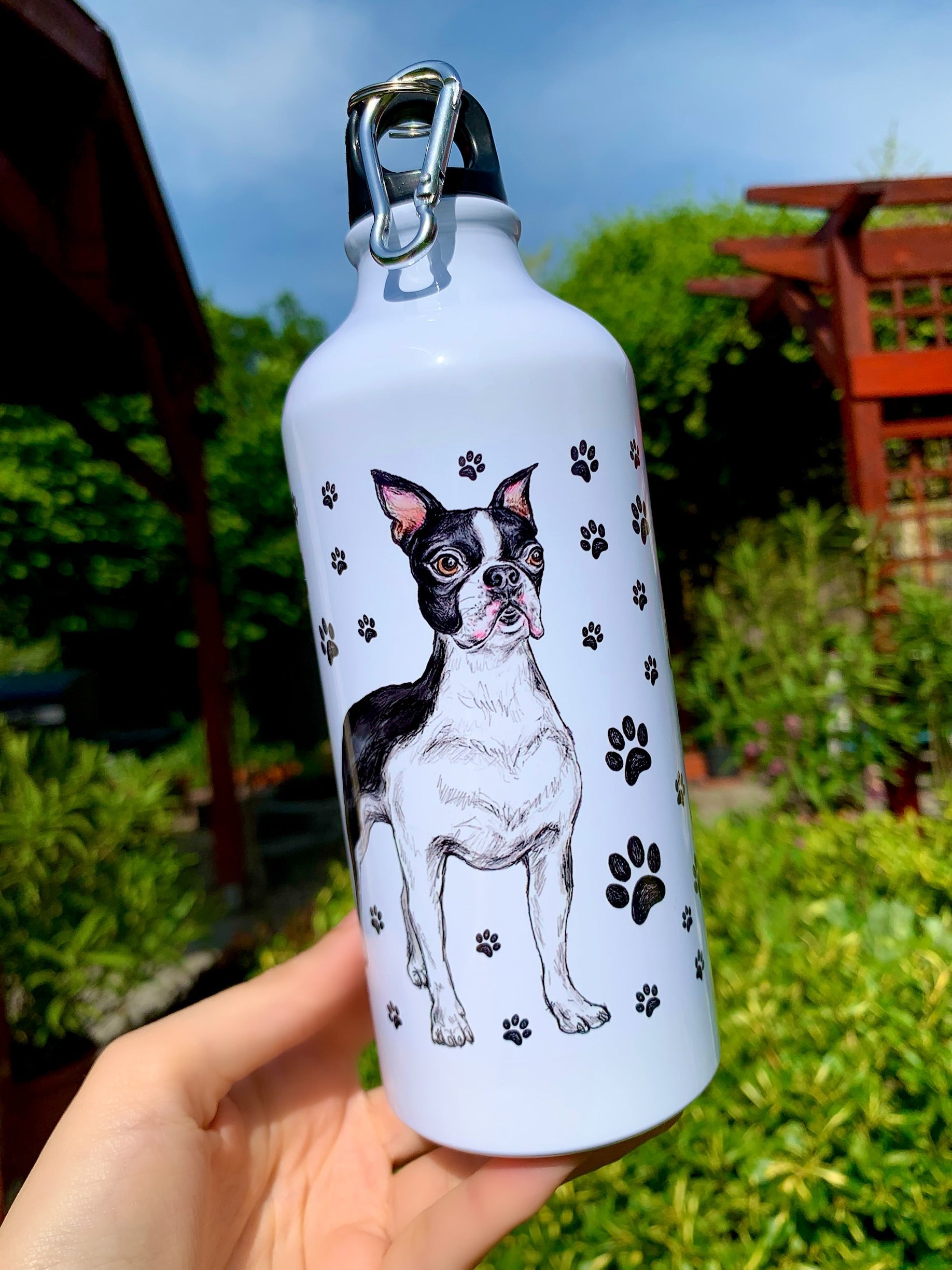 Boston terrier illusztráció kulacson – kézzel rajzolt kutyaminta