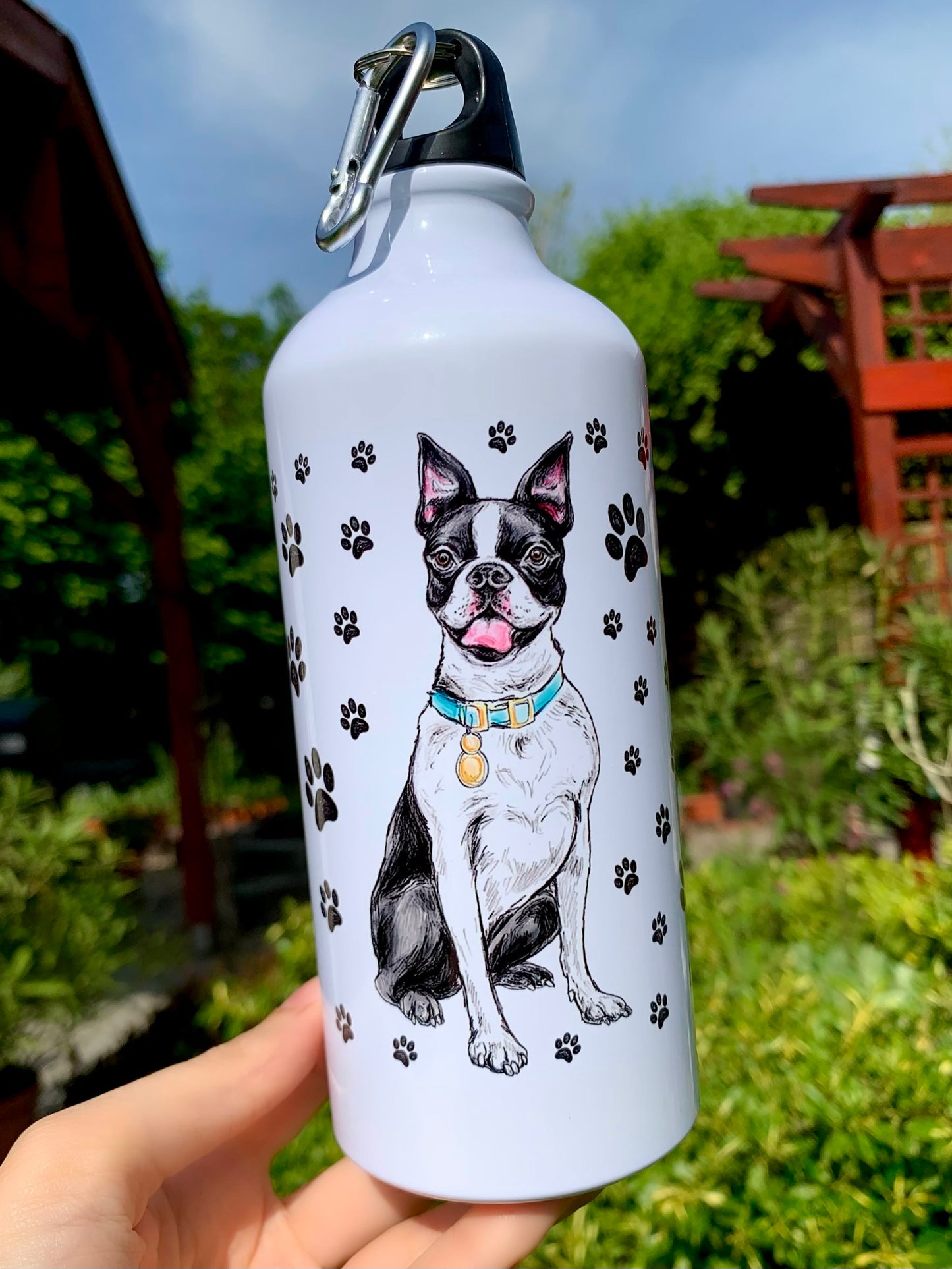 Boston terrier kutyás kulacs kék nyakörves illusztrációval