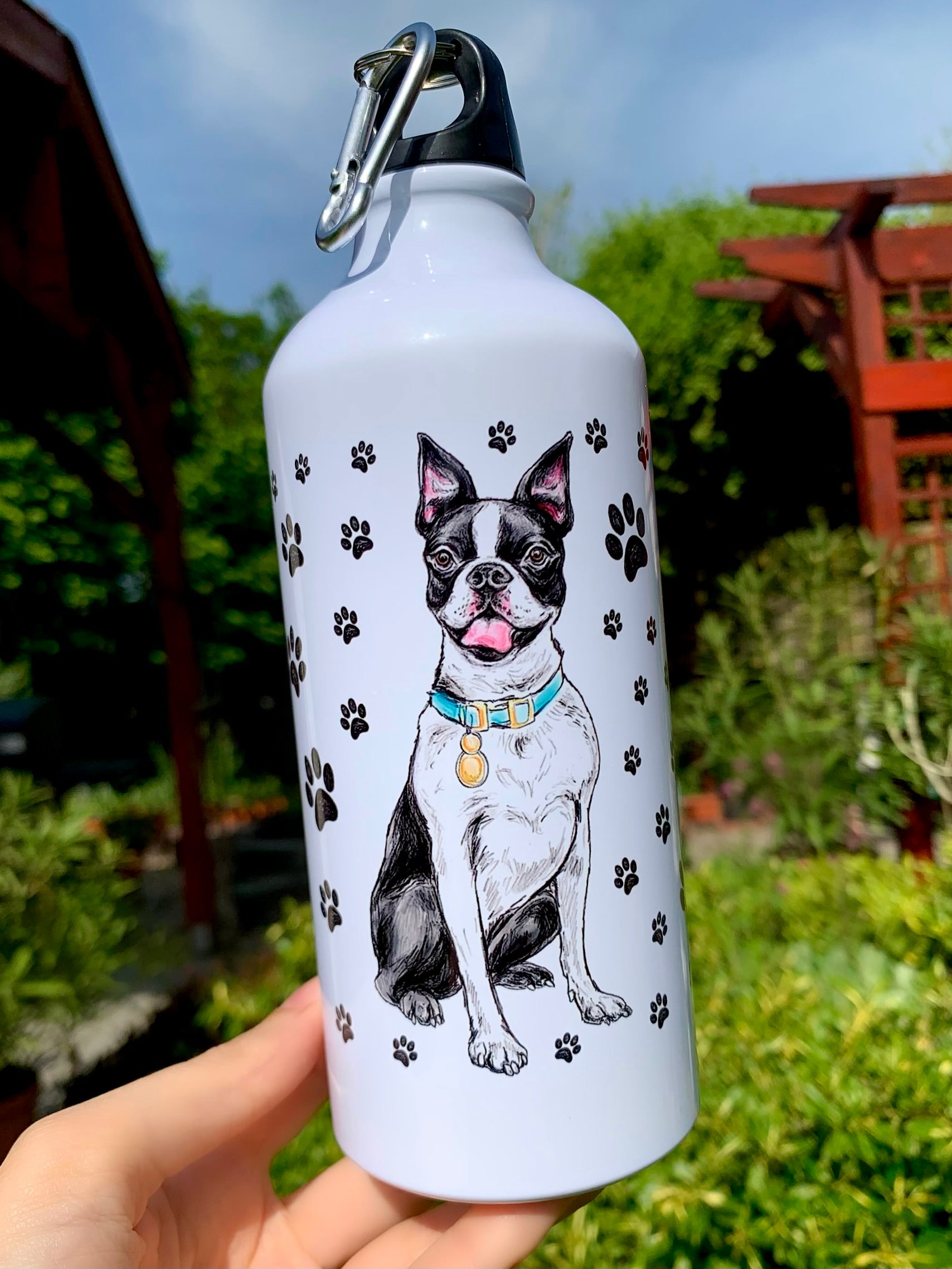 Boston terrier kutyás kulacs kék nyakörves illusztrációval
