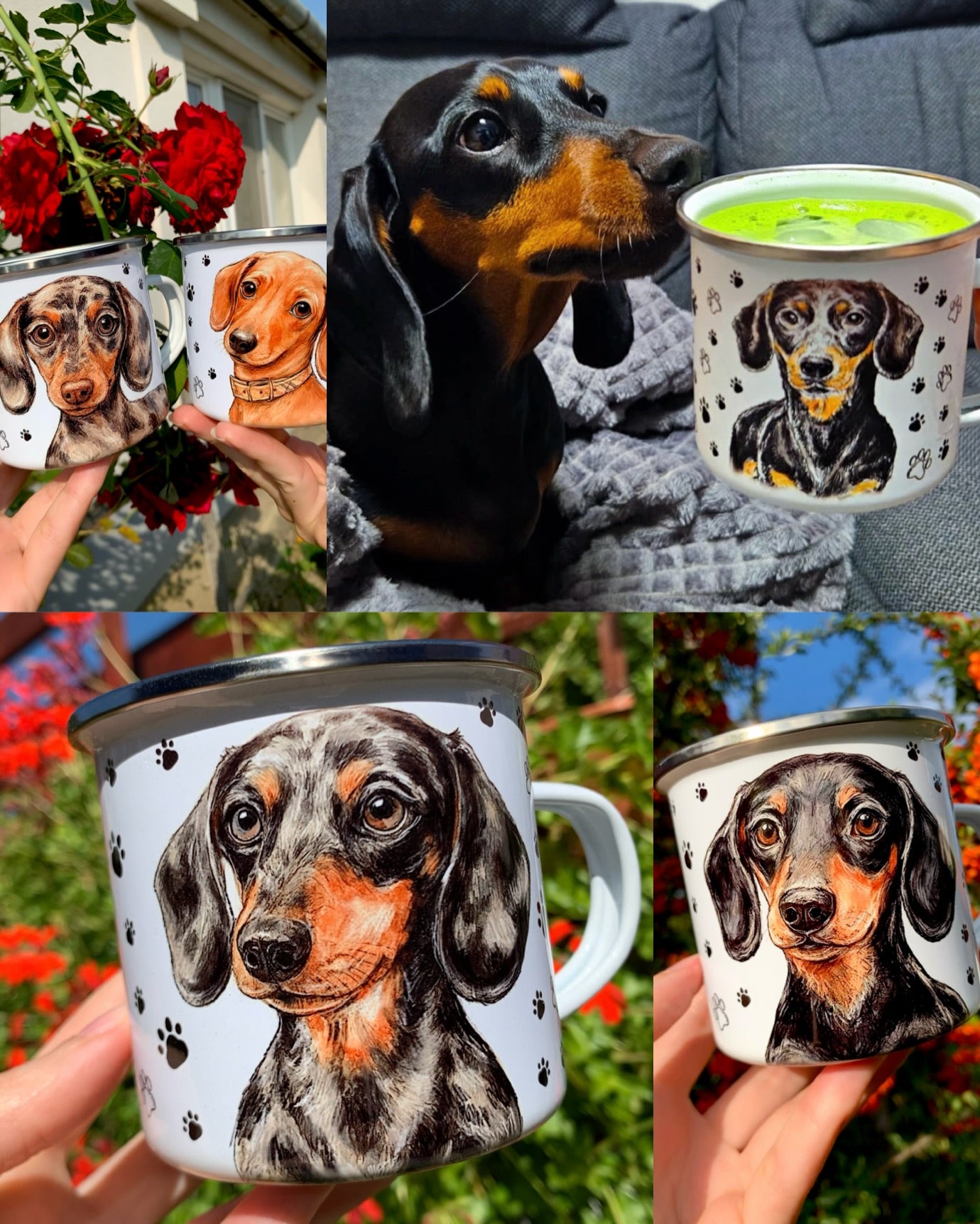 Prémium merle tacskós fém bögre - Kézzel festett merle tacskó mintás fém bögre, fehér alapon, fekete mancsnyom mintával, kétoldalas tacskó portréval. Prémium kézműves ajándék kutyás gazdiknak és tacskórajongóknak.