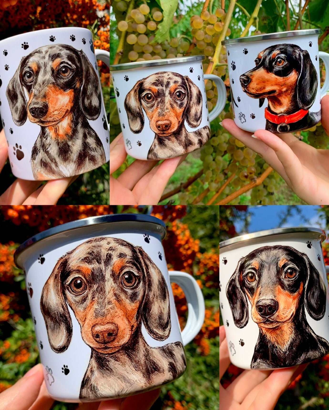 Egyedi tacskó mintás bögre, akvarell stílusban festett merle tacskó portréval és egész alakos grafikával, fehér alapon mancsnyomos mintával.