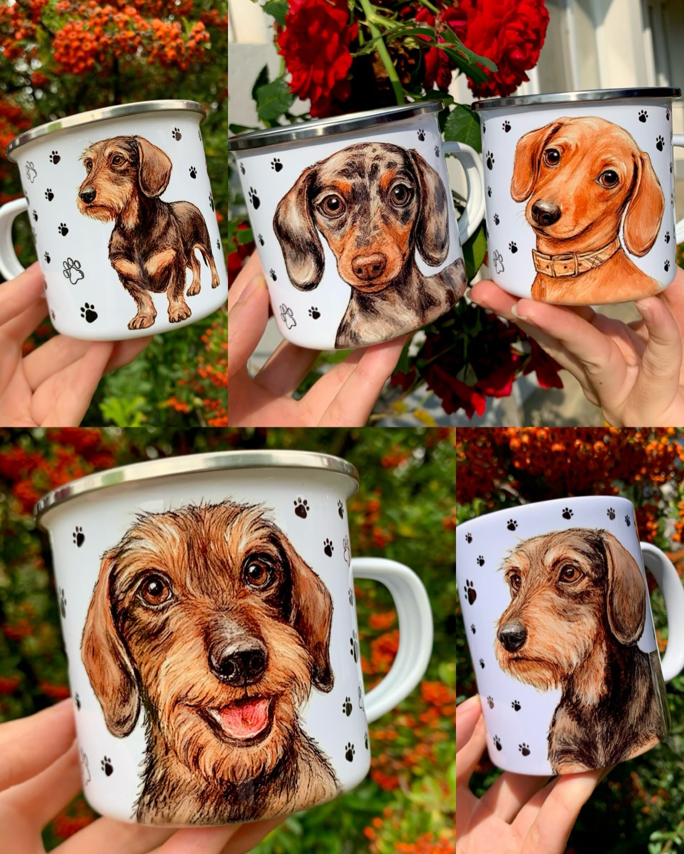 Prámium szálkásszőrű tacskó mintás bögre, részletgazdag tacskó grafikával. Kézzel festett tacskó mintás bögre szálkásszőrű kutya grafikával, akvarell színátmenetekkel és fekete mancs mintával. Egyedi kézműves kutyás ajándék.